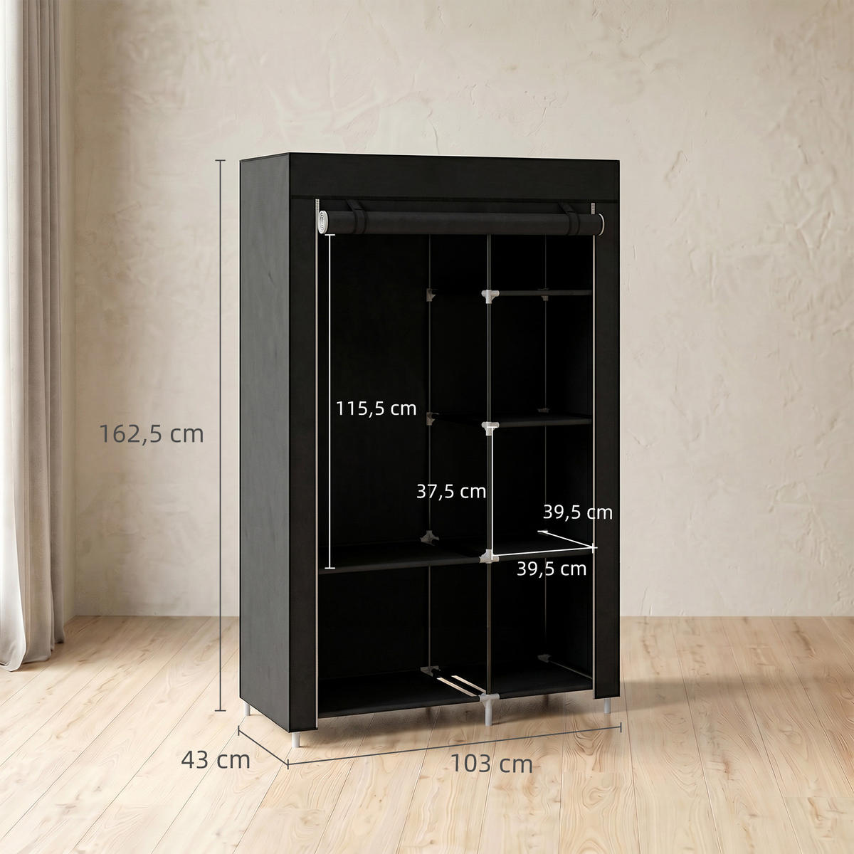 STOFFSCHRANK Schwarz 1 Stück - Schwarz, Holzwerkstoff (103/162.5/43cm) - GiPP