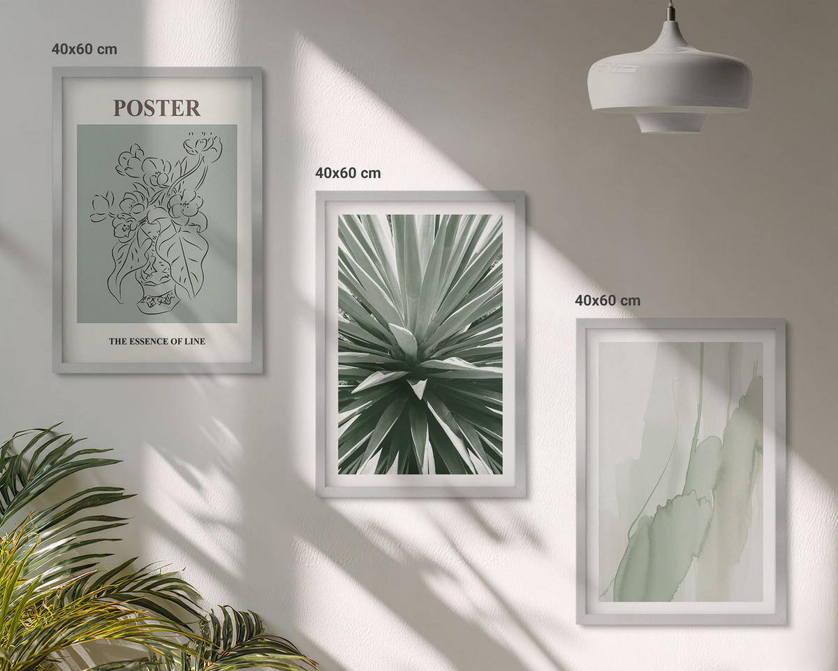 WANDBILDER 3er Set - 40x60 cm Silberner Rahmen - Pflanzenmuster in Grün - Silberfarben, Kunststoff (40/60cm) - ArtPrintCave