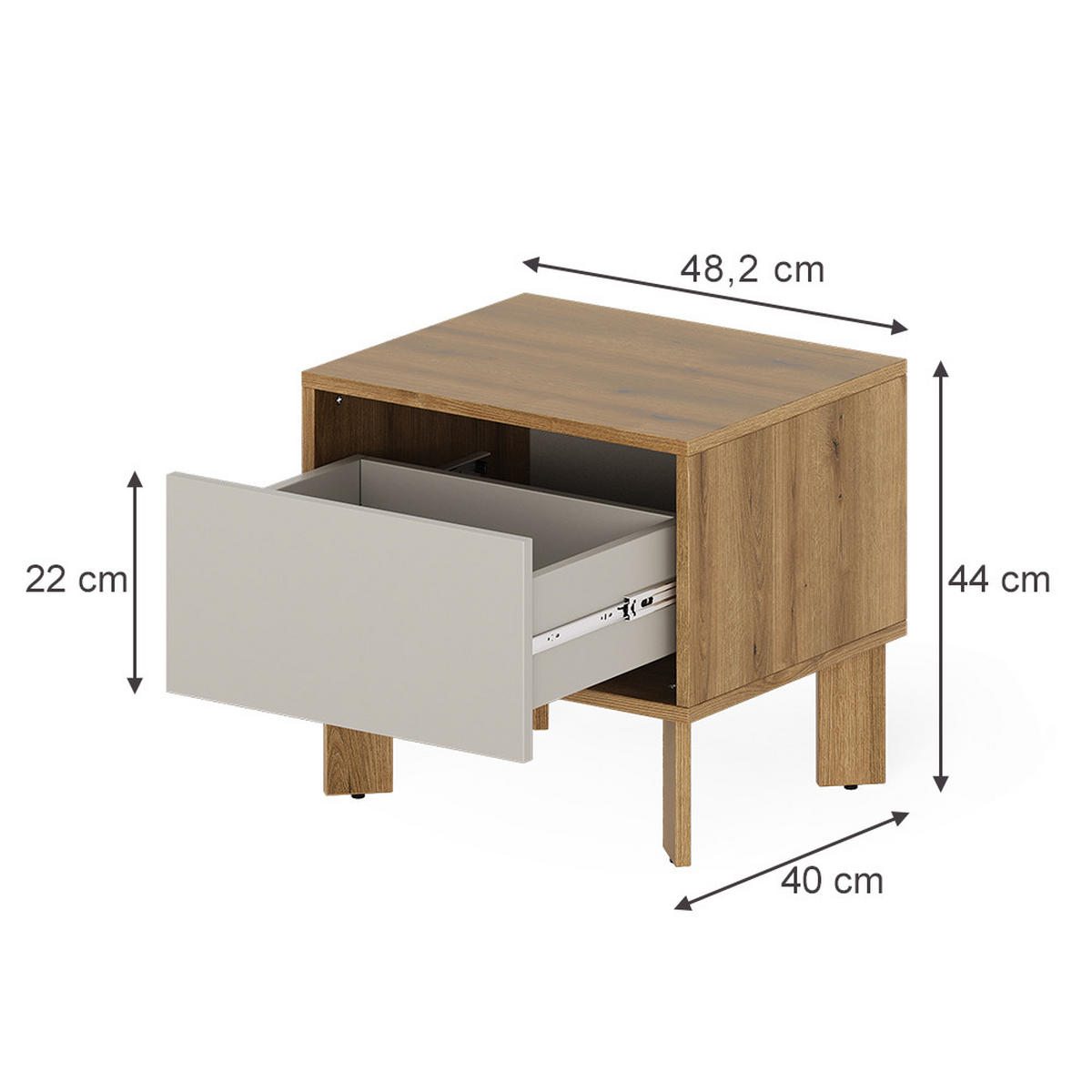 NACHTTISCH Monti, Eiche Evoke/Cashmere, 48.2 x 44 cm mit Schublade - Kaschmir/Eiche Artisan, Holzwerkstoff (48.2/44/40cm) - Vicco