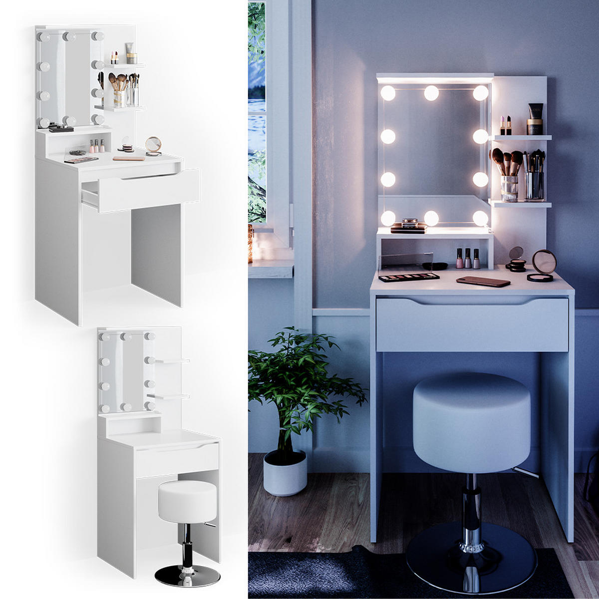 SCHMINKTISCH Ruben Weiß 60 cm mit LED Beleuchtung und Hocker - Weiß, Holzwerkstoff (60/142.7/48cm) - Vicco