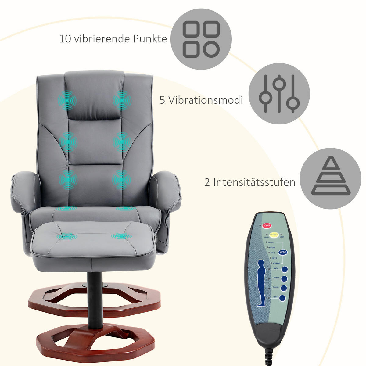 MASSAGESESSEL mit Hocker, Liegefunktion, Fernbedienung, bis 150 kg, Dunkelgrau - Dunkelgrau, Leder (83/106/73cm) - HOMCOM