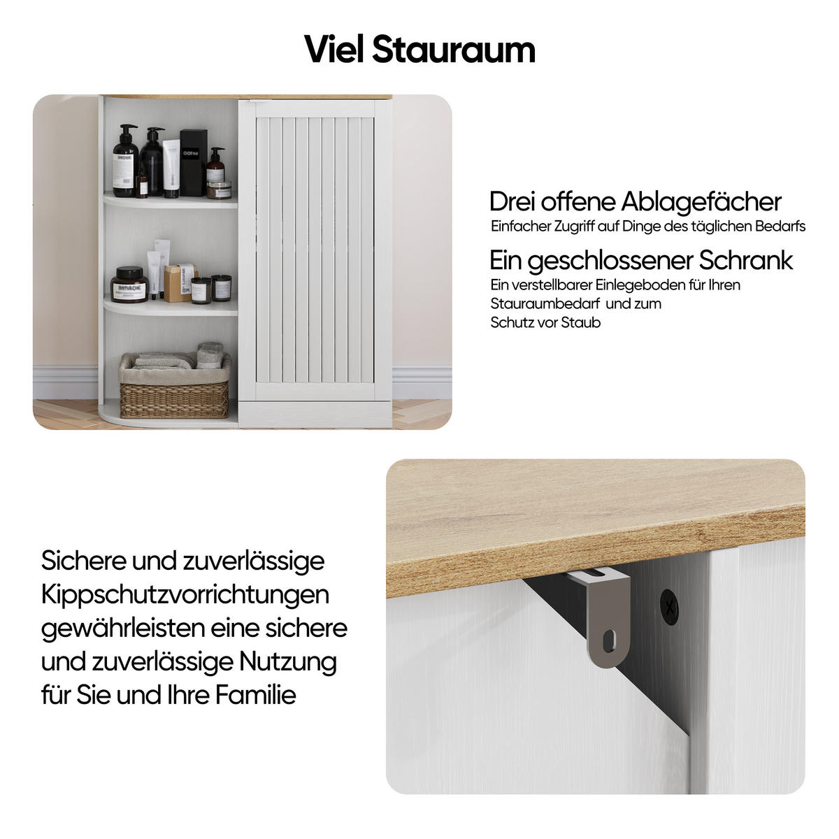 BADEZIMMERSCHRANK 68x25x76 cm Weiß & Eiche mit 3 offenen Regalen & Schrank - Weiß, Holzwerkstoff (68/76/25cm) - Modfu