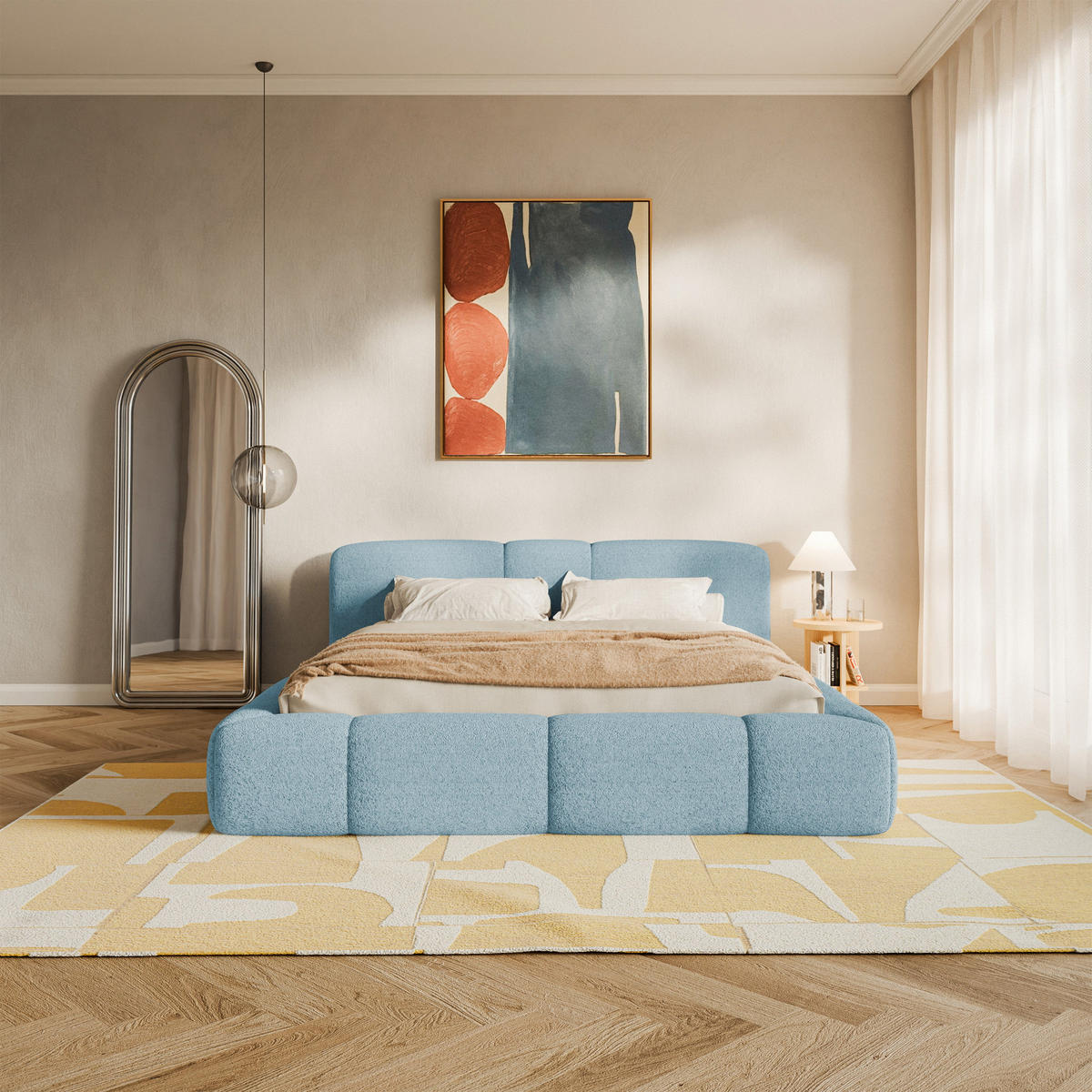 ČALOUNĚNÁ postel Bowia, modrý plyš, 200x200 cm - černá/světle modrá, textil (200/200cm) - Selsey