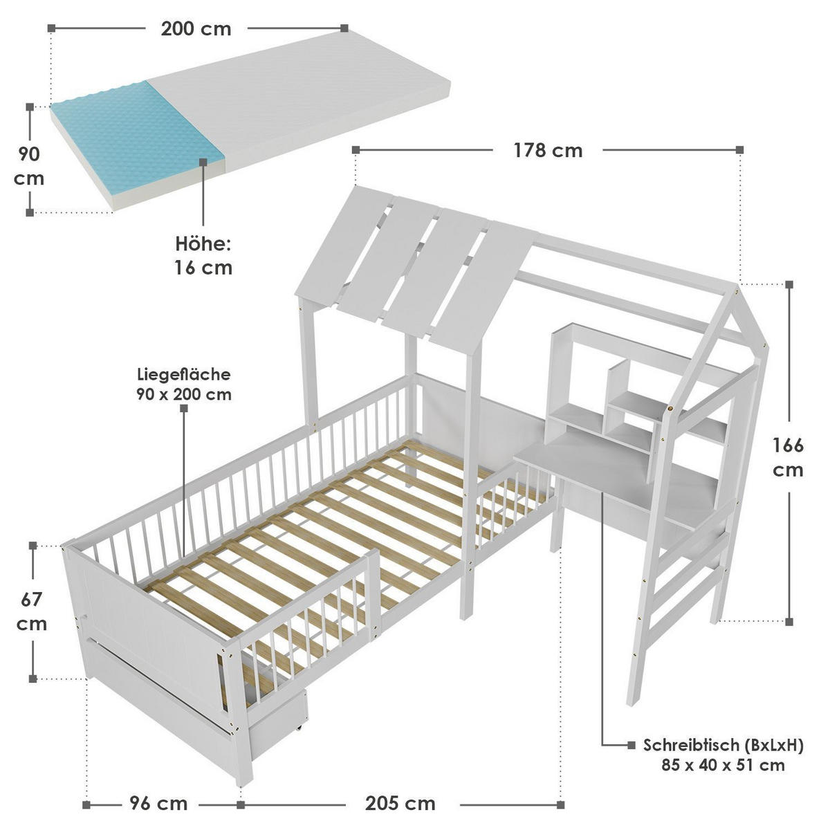 KINDERBETT Yari 90x200 cm Weiß mit Matratze - Weiß, Holz (90/200cm) - Juskys