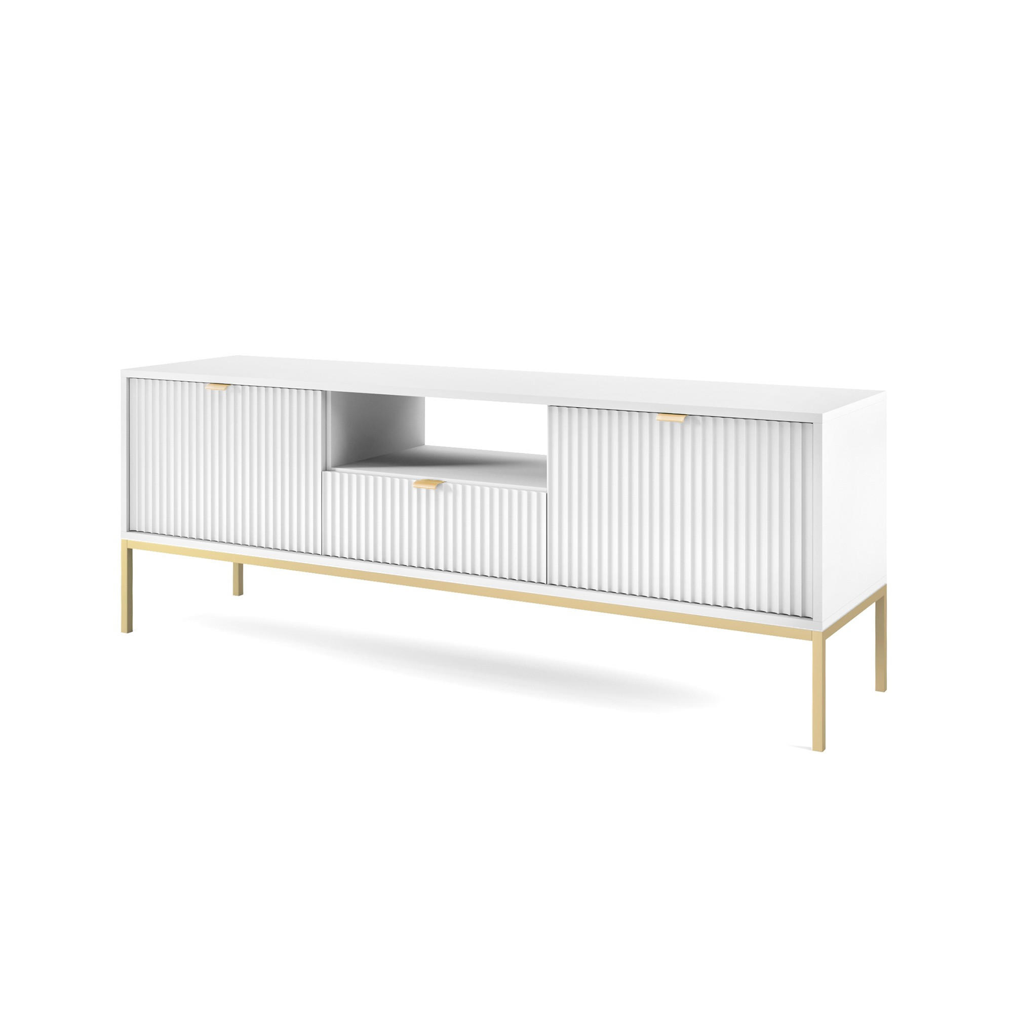 TV-SCHRANK Nova Weiß, Golden Beine, zweitüriger TV-Tisch - Goldfarben/Weiß, Holzwerkstoff/Metall (154/59/39cm) - Bettso