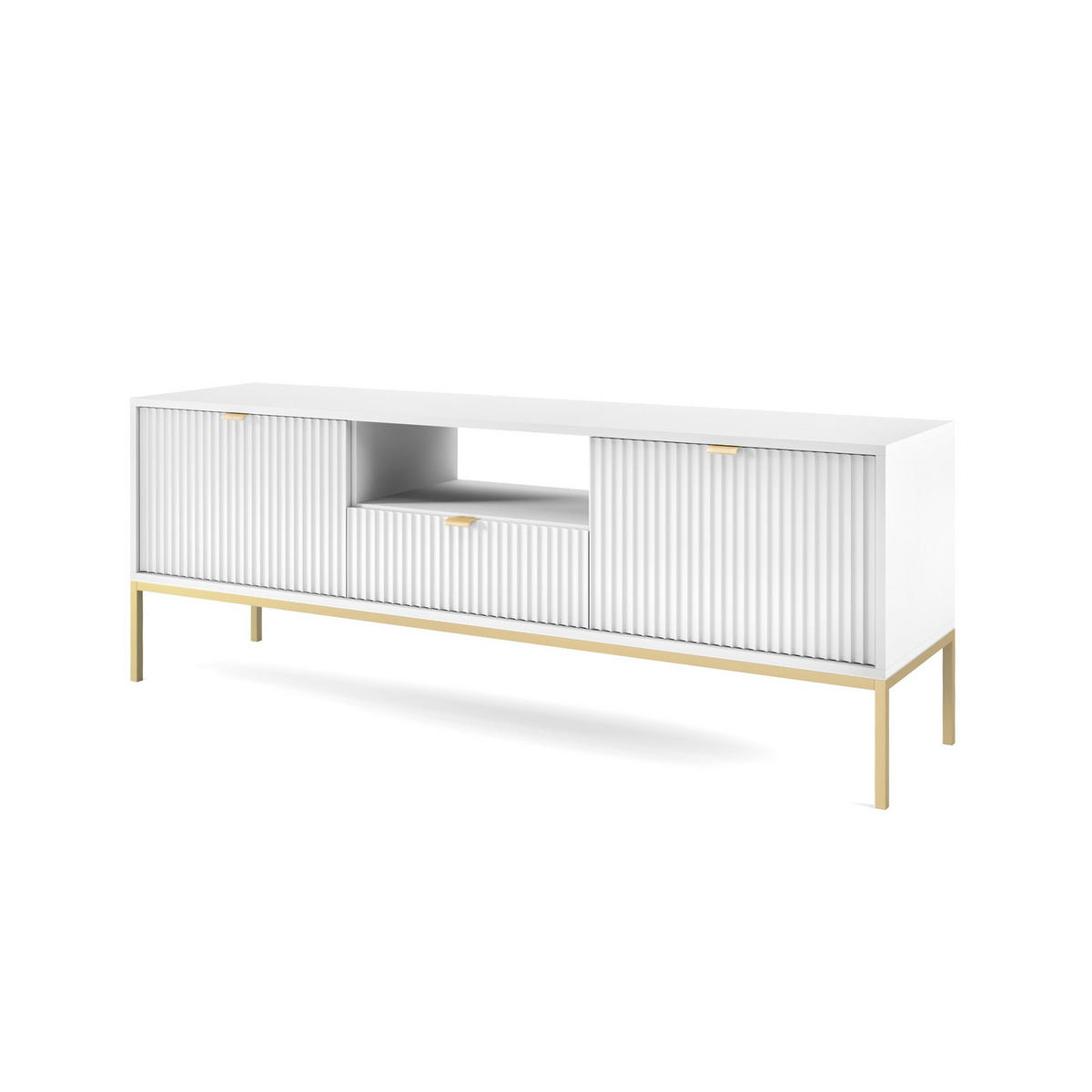TV-SCHRANK Nova Weiß, Golden Beine, zweitüriger TV-Tisch - Goldfarben/Weiß, Holzwerkstoff/Metall (154/59/39cm) - Bettso