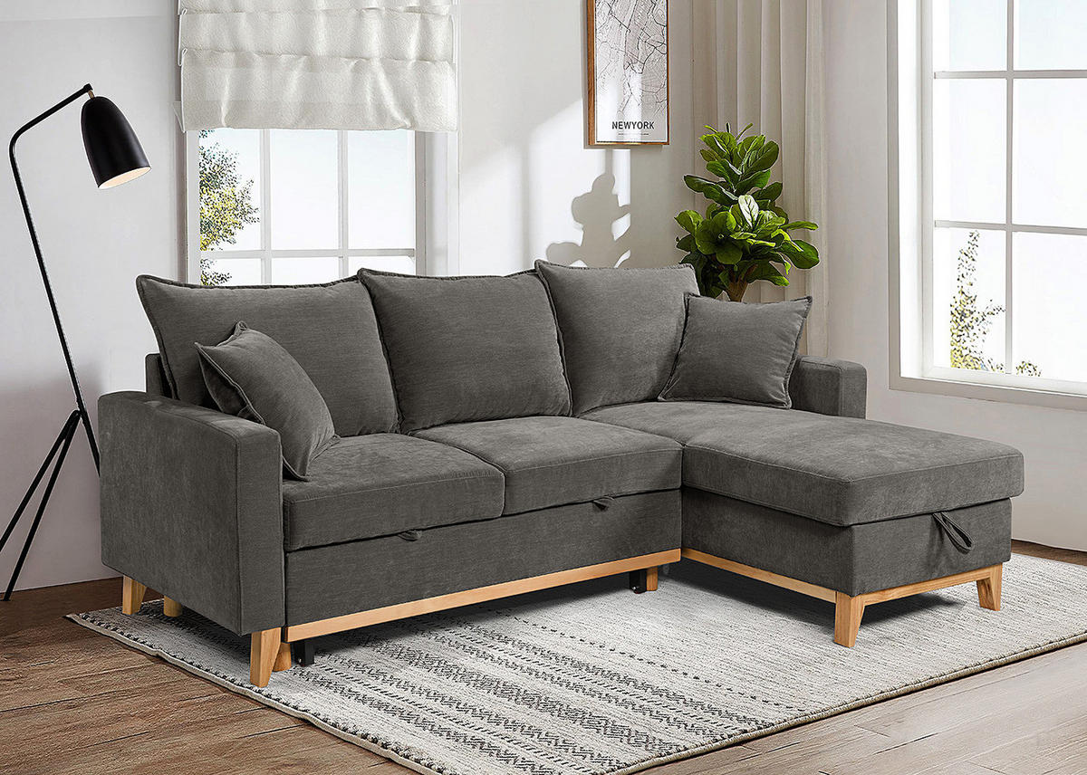 ECKSOFA mit Schlaffunktion - Flachgewebe - Hellbraun/Anthrazit, Holz/Textil (214/145cm) - home24