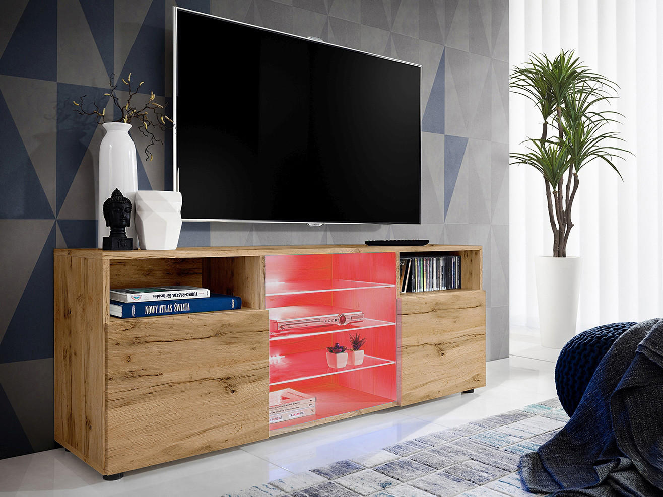 SIDEBOARD TV URBINO Schwarz, LED Beleuchtung Mehrfarbige - Eiche Wotan, Glas/Holzwerkstoff (140/53/35cm) - Komodee