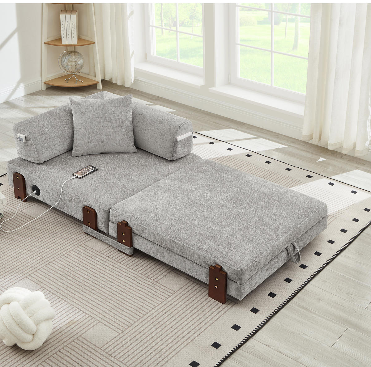 SCHLAFSOFA aus Stoff Hellgrau mit USB-, Type-C-Anschluss, Stauraum und Schlaffunktion - Hellgrau, Textil (84/48/170.5cm) - Modfu