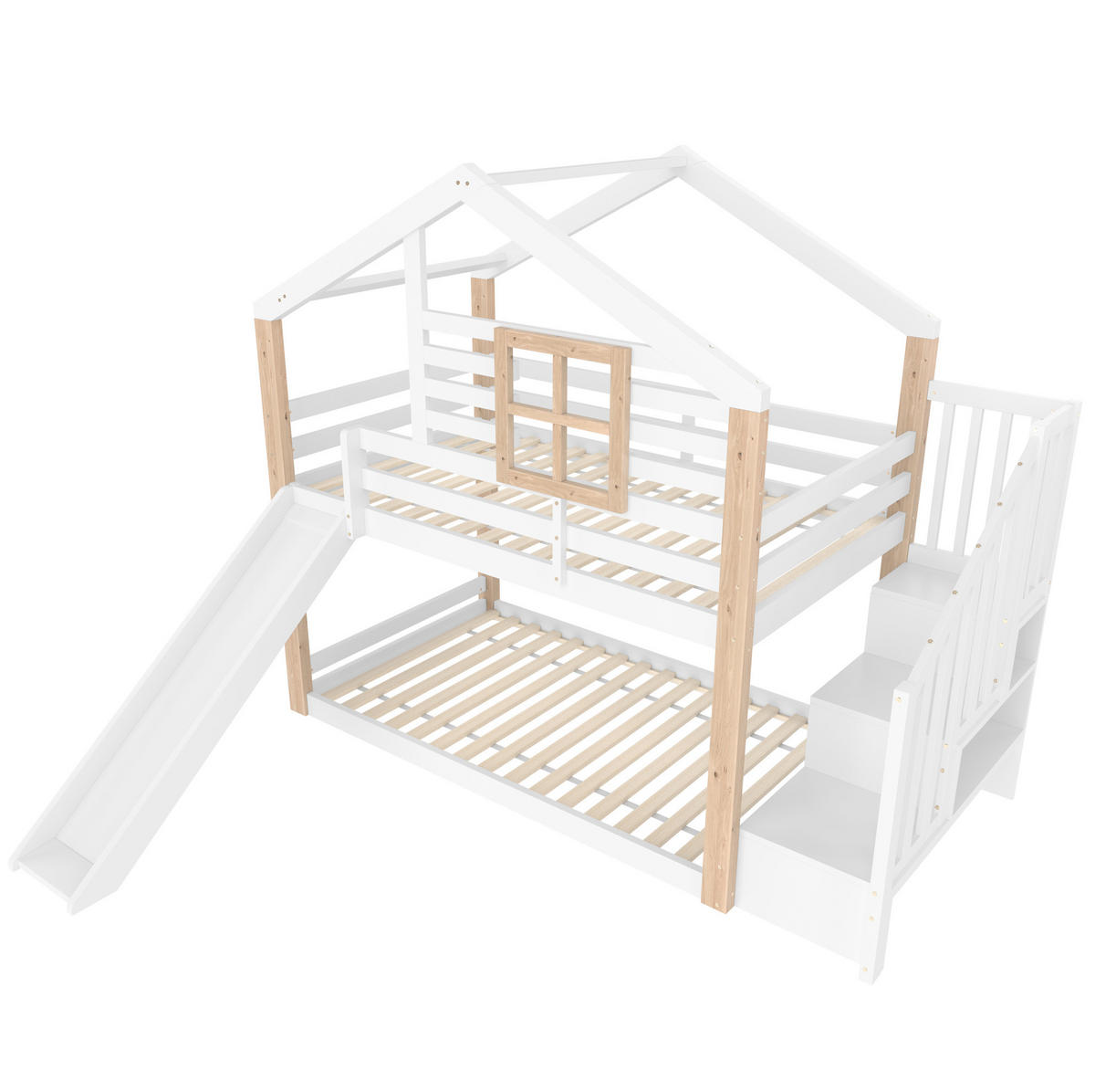POSCHODOVÁ posteľ 90/200 cm biela so šmykľavkou, schodmi s úložným priestorom a z dreva - biela, drevo (90/200cm) - OKWISH