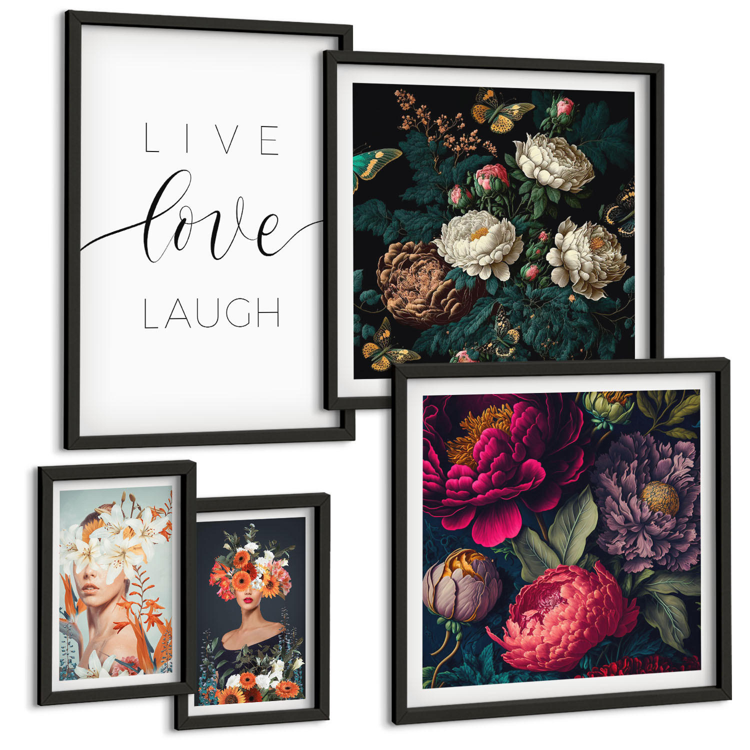 BILDER SET 5er Set - 50x50 cm & 20x30 cm & 40x60 cm Schwarzer Rahmen - Blumenporträts, Sträuße, Blätter - Schwarz, Kunststoff (40/60cm) - TULUP
