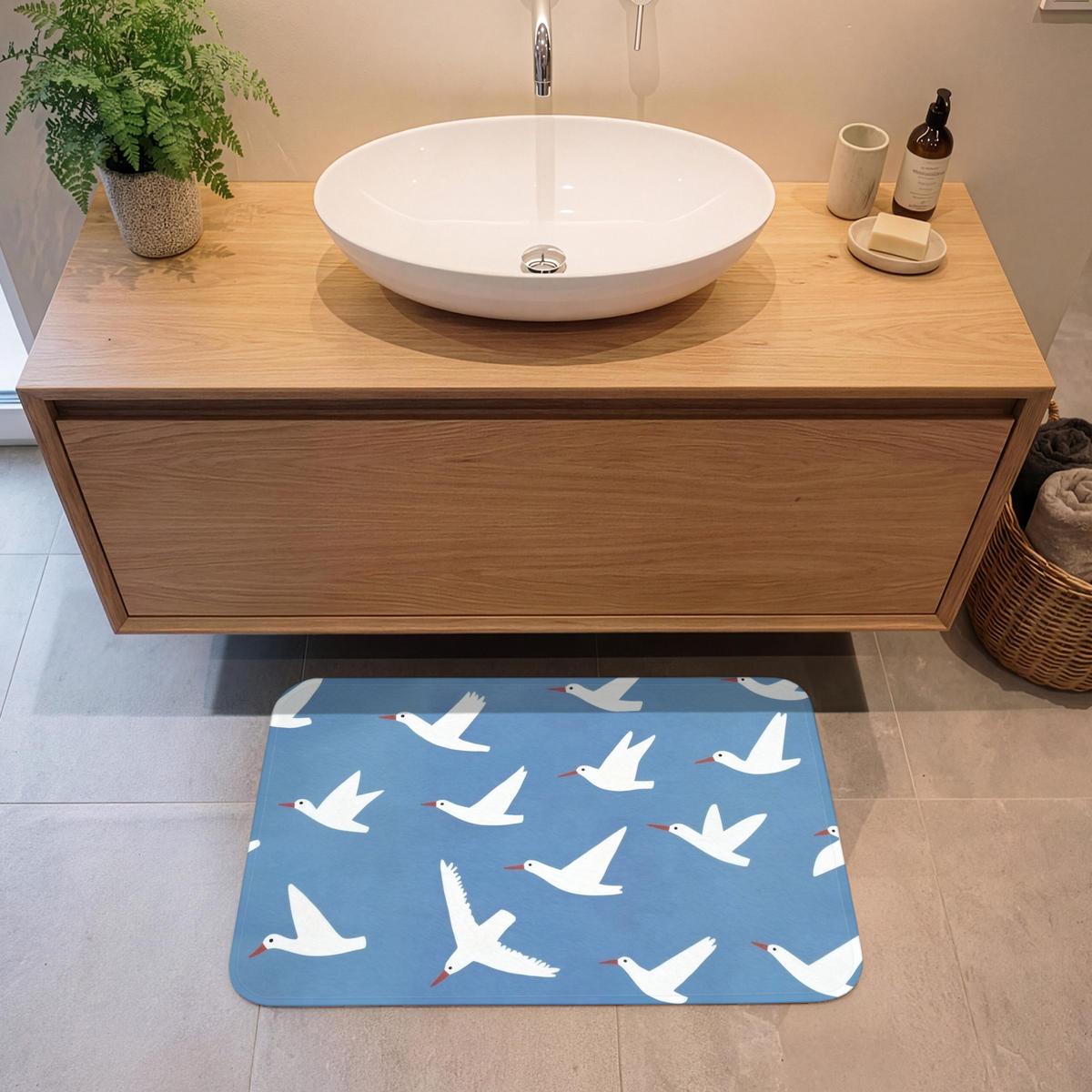 BADEMATTE Vögel - Weiß - Muster 80x50 cm - Blau, Kunststoff/Textil (80/50cm)