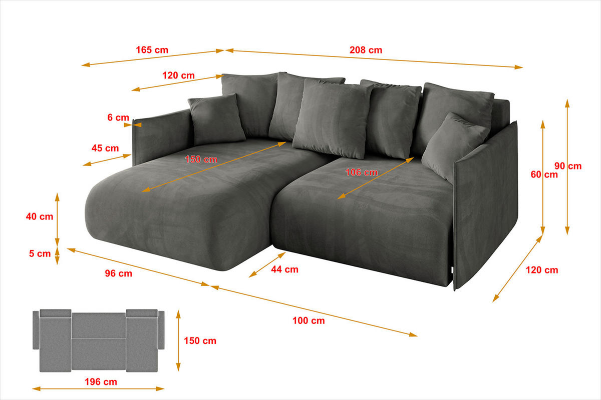 ECKSOFA mit Schlaffunktion und Bettkasten ONESK-L 208x165x40 Dunkelgrau Velours - Dunkelgrau, Holzwerkstoff/Kunststoff (208/165cm) - ALTDECOR