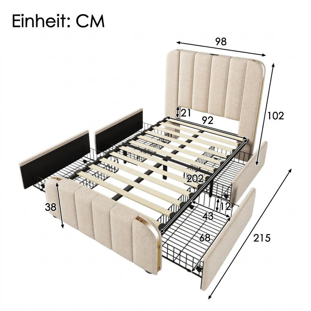 POLSTERBETT 90/200 cm Beige mit 4 Schubladen und USB Typ-C Ladefunktion - Beige, Textil (90/200cm) - Oxeza