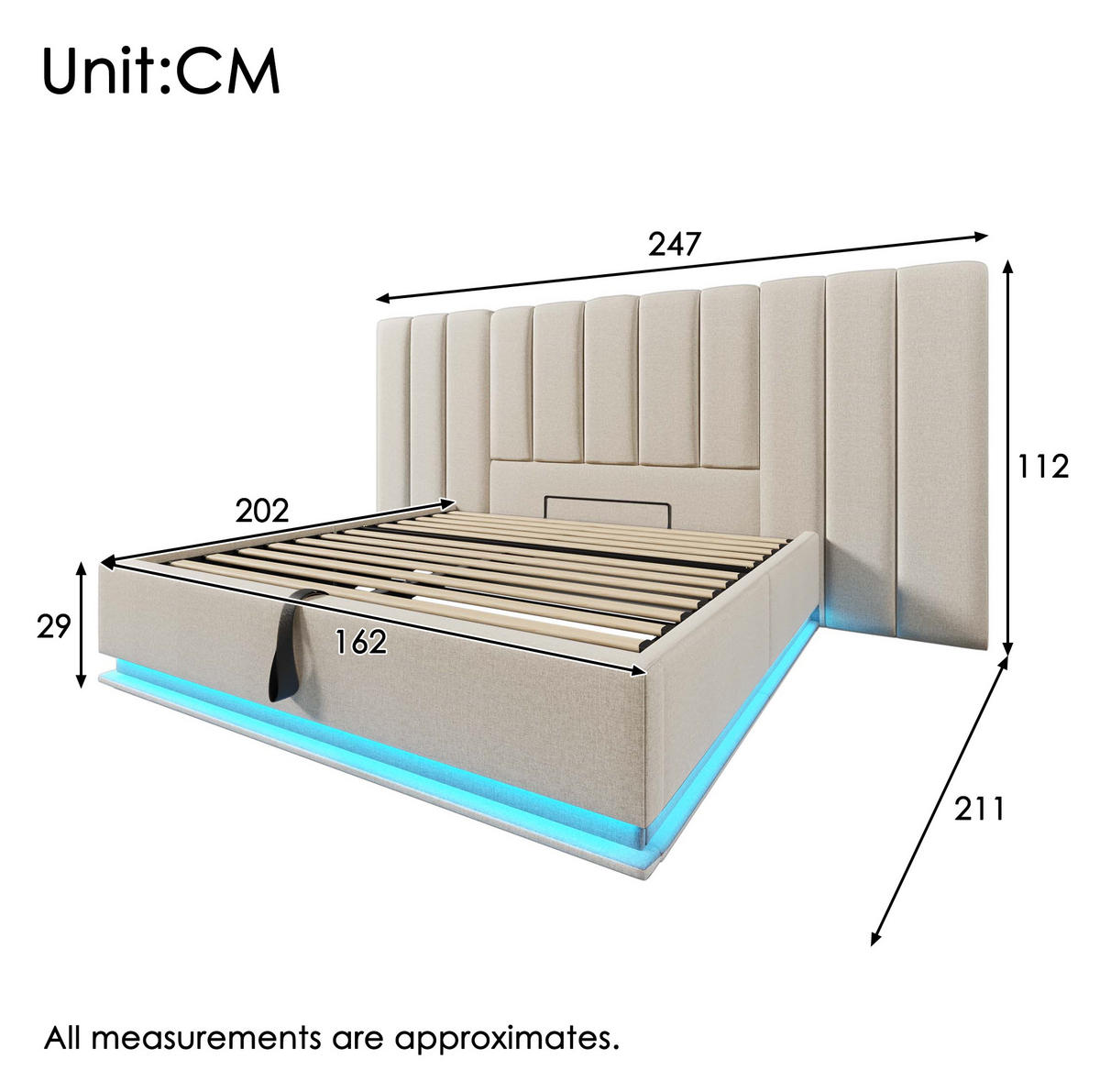 POLSTERBETT 160/200 cm Beige Stauraumbett mit LED-Beleuchtung und USB-C-Ladefunktion - Beige, Textil (160/200cm) - OKWISH