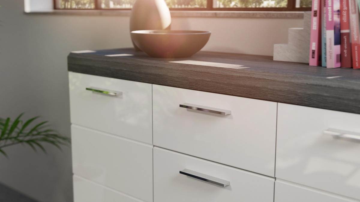 SIDEBOARD weiß Hochglanz und Rauchsilber grau 165 cm, Anrichte 4-türig, 4 Schubladen - Weiß Hochglanz/Silberfarben, Holzwerkstoff/Kunststoff (165/85/37cm) - Inn.Furn