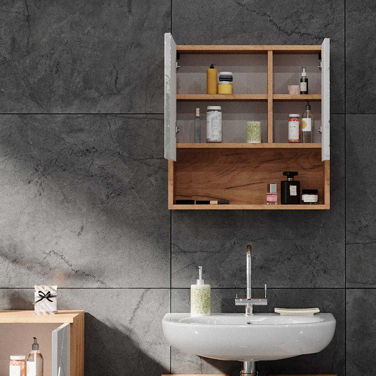 BADSPIEGELSCHRANK Irma Weiß Hochglanz/Goldkraft Eiche 54 x 55 cm - Weiß Hochglanz/Eiche Wotan, Holzwerkstoff (54/55/16.9cm) - Vicco