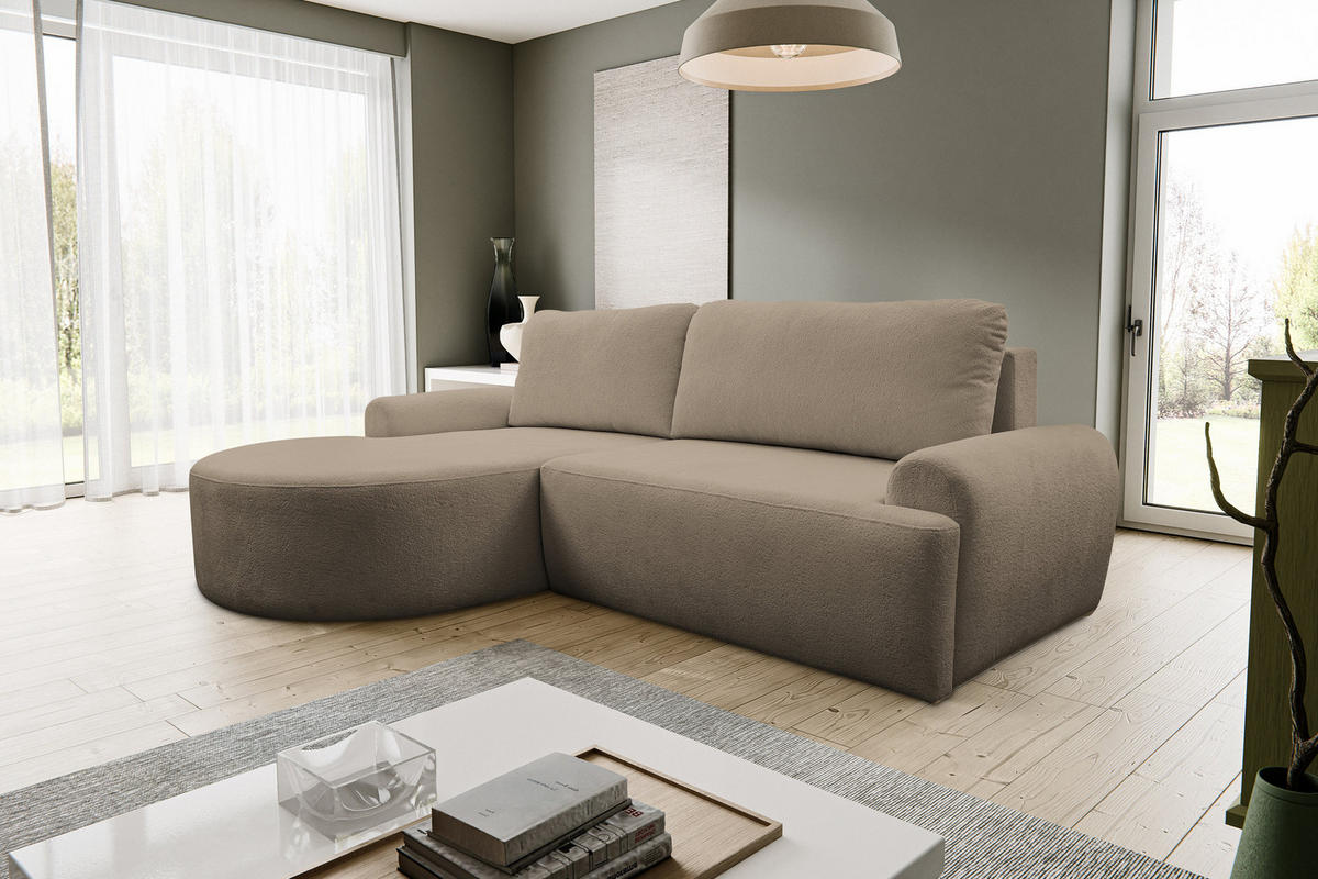 ECKSOFA Dream in L-Form mit Schlaffunktion und Bettkasten, Farbe: Braun, Bouclé-Stoff, Ottomane Links - Braun, Textil (136/260cm) - VENASI MÖBEL
