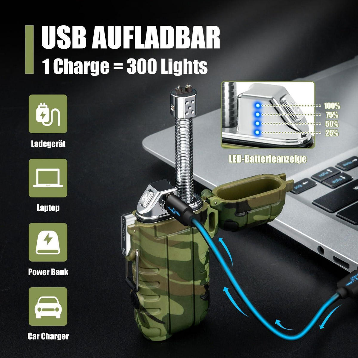 FEUERZEUG mit flexiblem Hals und LED-Taschenlampe, wiederaufladbar, Tarnfarbe - Multicolor, Kunststoff (4.5/1.8/8cm)