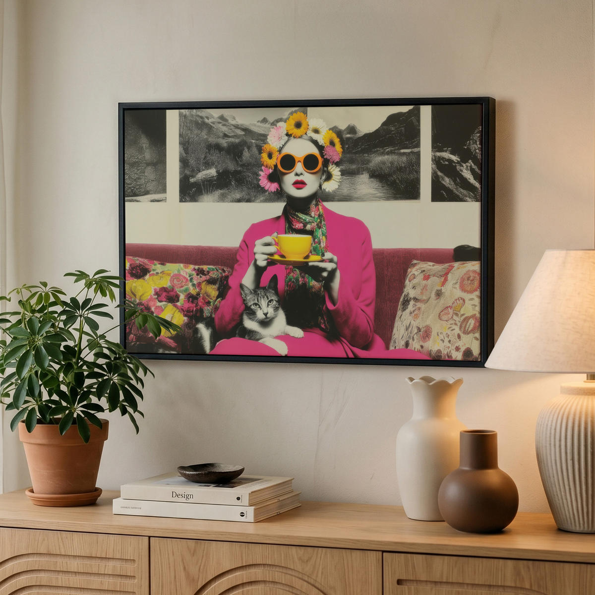 LEINWAND Bilder mit Rahmen - Frau - Katze - Blumen - Tasse - Retro - 60x40 - Magenta, Textil (60/40cm) - MuchoWow