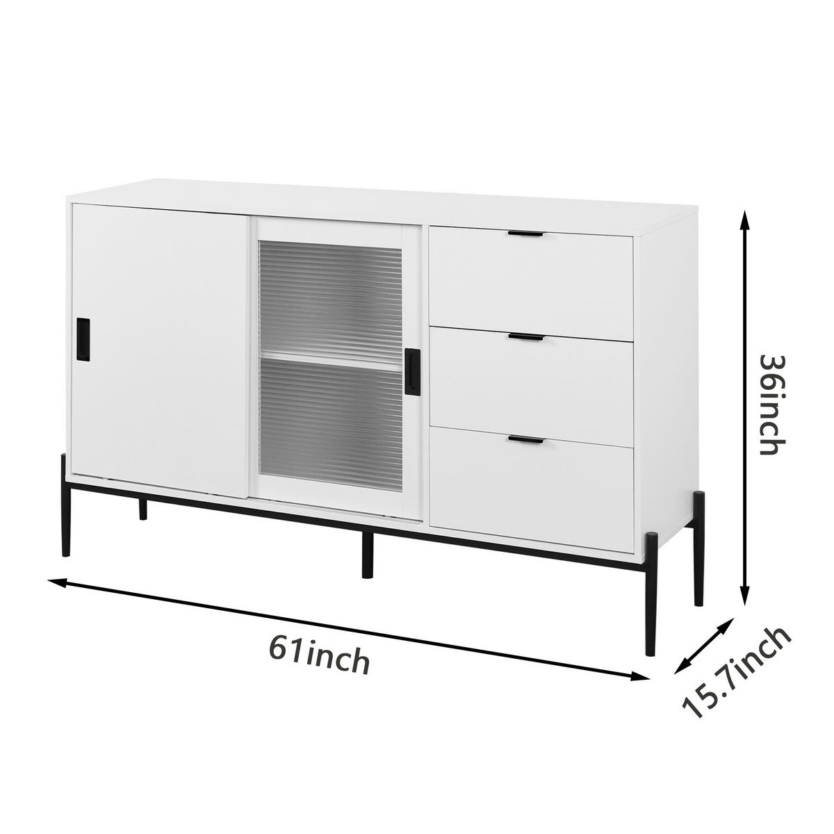 SIDEBOARD 2 Türen x 3 Schubladen, Weiß mit geripptem Glas, Konsolenschrank, eleganter Aufbewahrungs- und Ablagetisch, 155/40/91,5 cm, Weiß - Weiß, Holzwerkstoff (155/91.5/40cm) - Redom