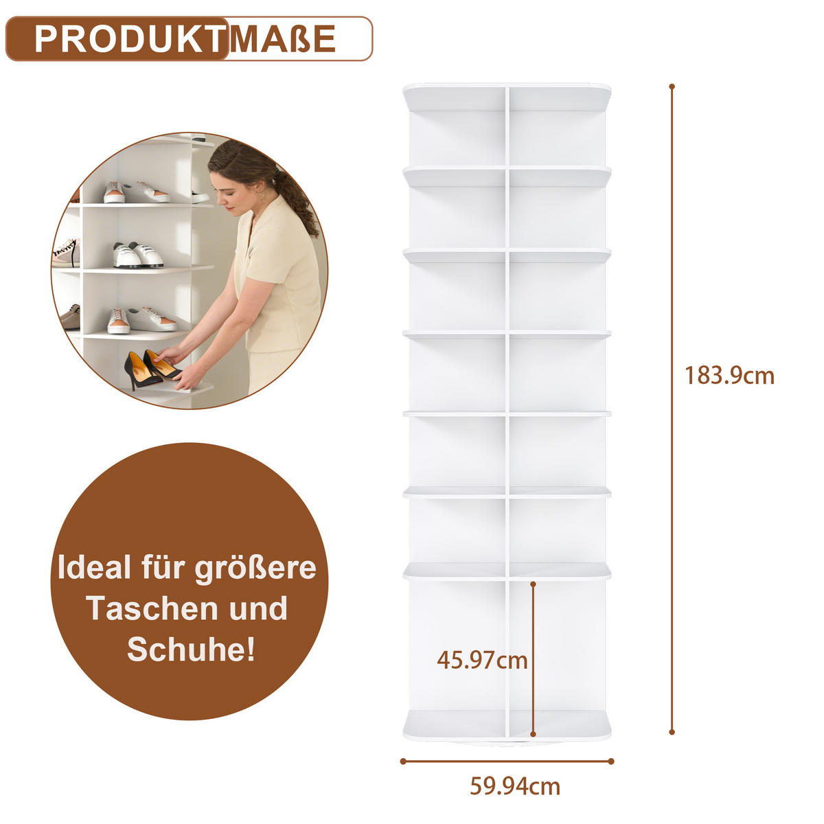 SCHUHREGAL 7 Ebenen 60/60/184 cm, drehbar in Weiß - Weiß, Holzwerkstoff (184/60/60cm) - BEAOK