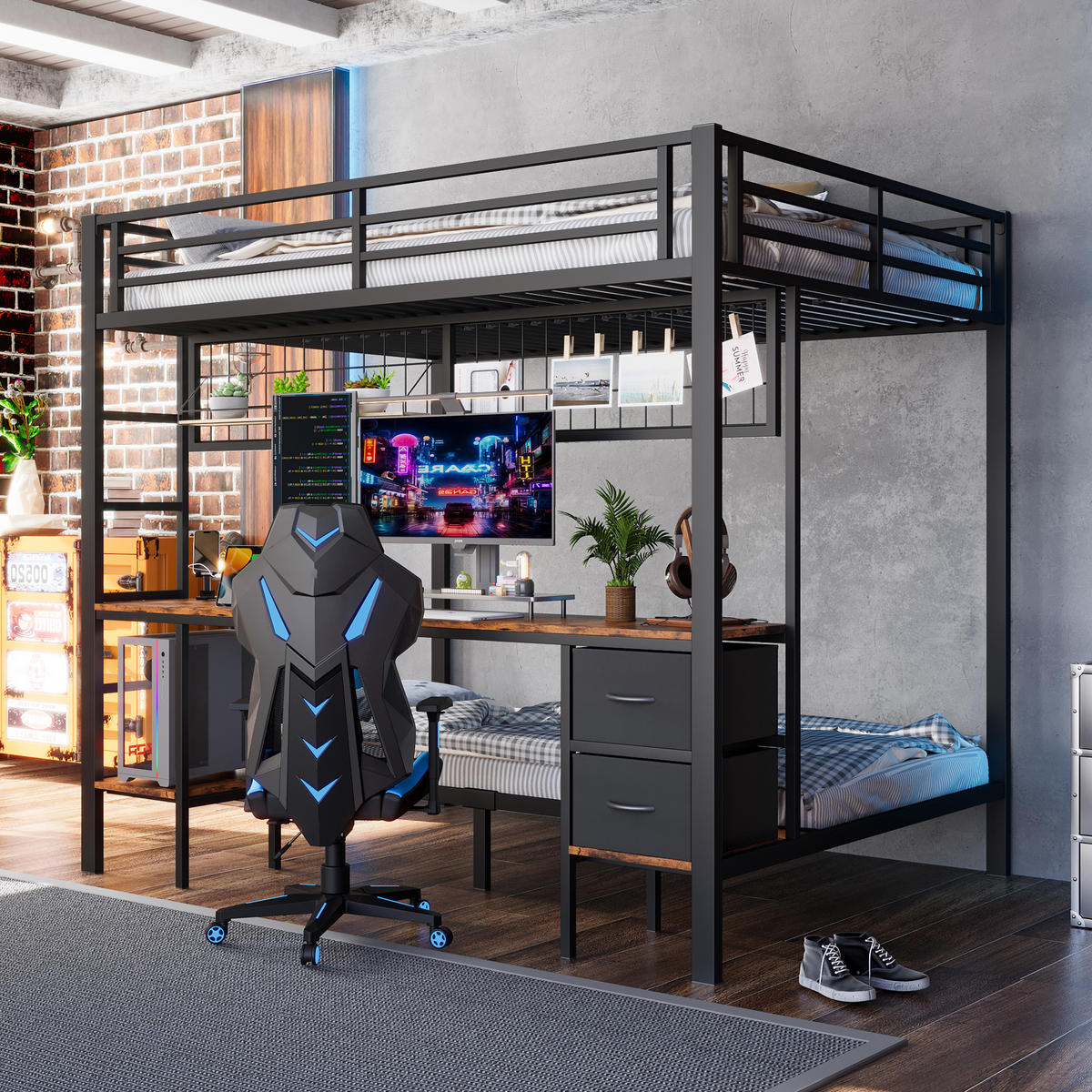 HOCHBETT 90x200 und 140x200cm Mit 7-farbiger LED-Leiste, USB-Anschluss, ohne Matratze, schwarz - Schwarz, Metall (140/200cm) - KOMHTOM