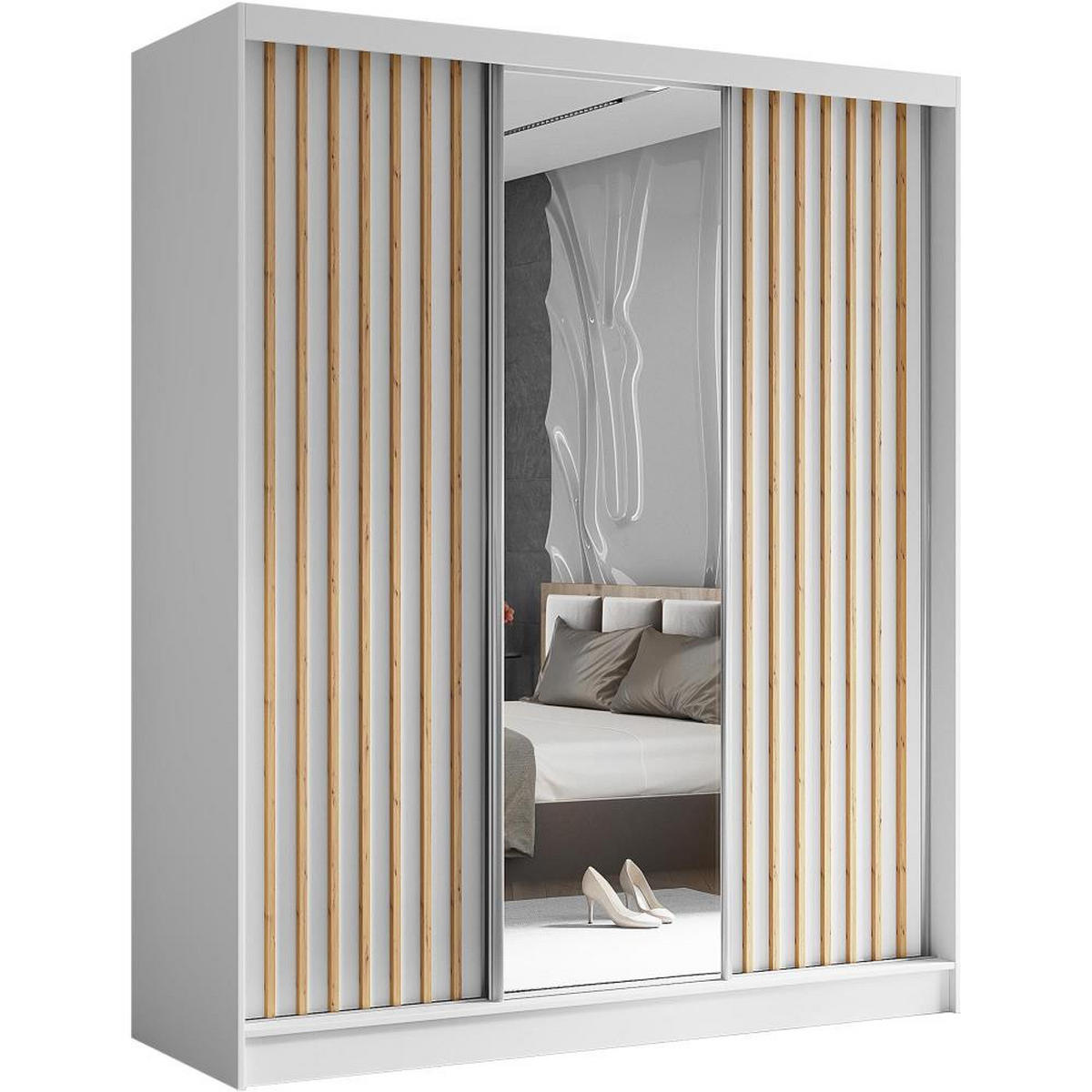 SCHWEBETÜRENSCHRANK Helix 180/216/61 weiß+eiche artisan mit Schubladeneinsatz - Weiß/Eiche Artisan, Holzwerkstoff (180/216/61cm) - Beautysofa