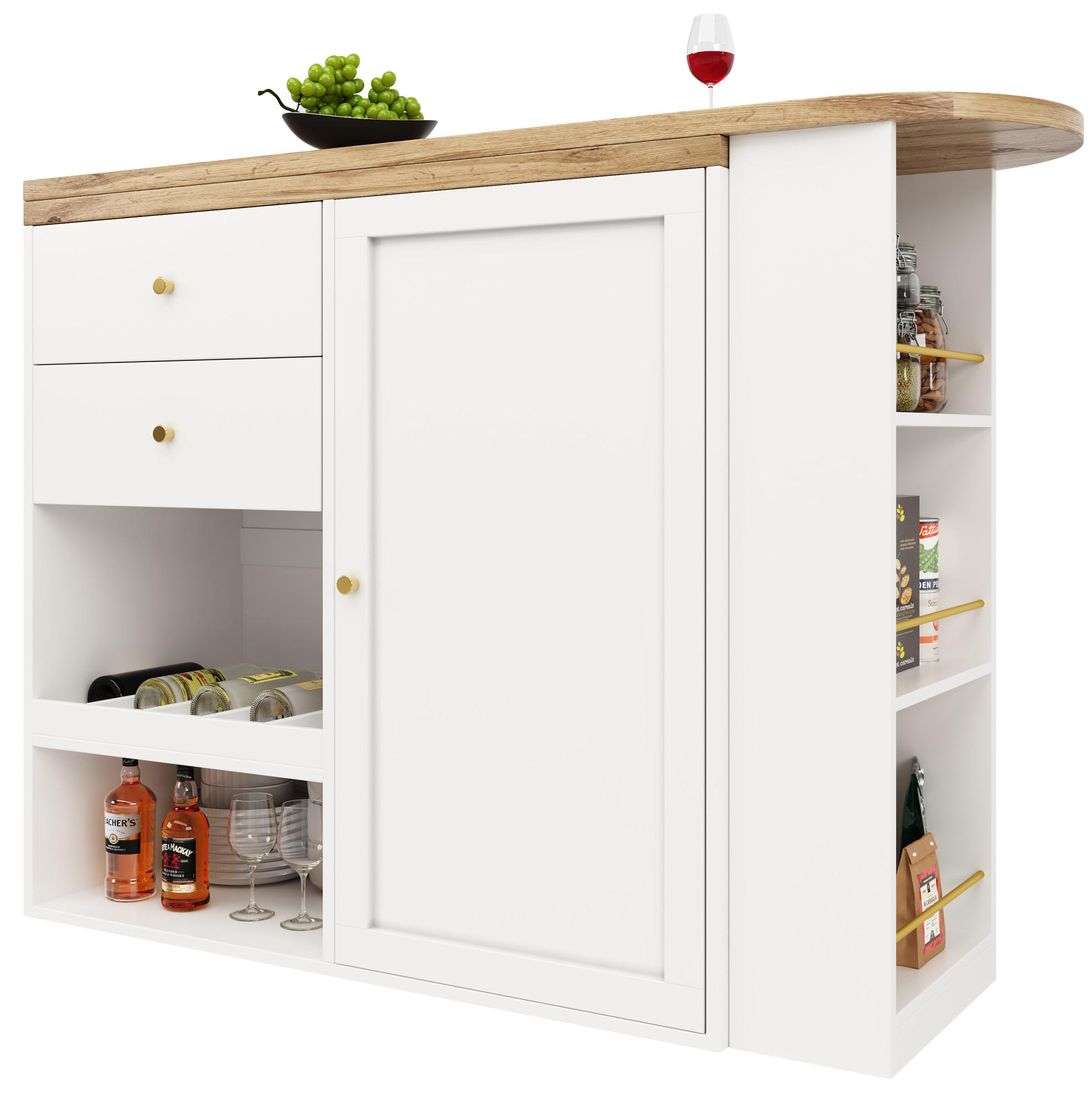 OKWISH BAROVÝ stůl 138/39/104 cm bílý z MDF s otočnými policemi a 4 zásuvkami