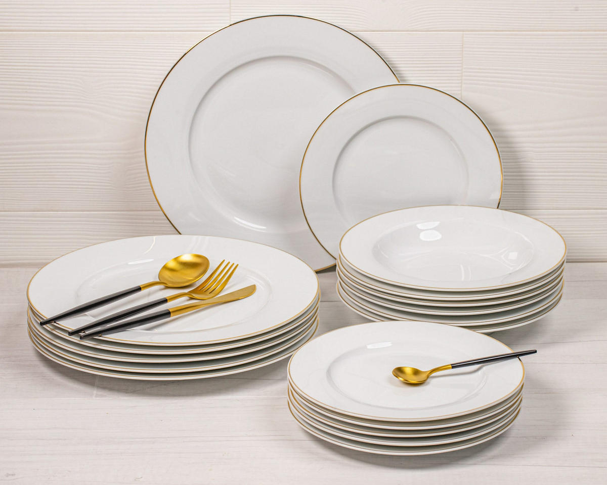 GESCHIRRSET18-TEILIG GESCHIRRSETWeiß / Gold - 18-teilig / 6 Personen - 6 Speiseteller, 6 SUPPENTELLER und 6 FRÜHSTÜCKTELLER - Weiß, Keramik (2/2/1cm) - Studio Tavola