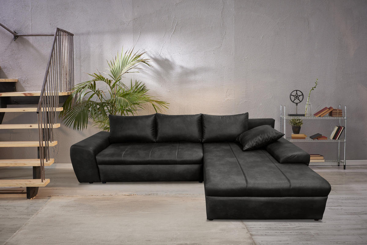 ECKSOFA mit Schlaffunktion, Bettkasten, Wellenunterfederung, Ottomane rechts B266/T186/H90 cm, Mikrofaser Leder-Optik Vintage Schwarz / 18013 - Schwarz, Kunststoff/Textil (266/186cm) - luma-home