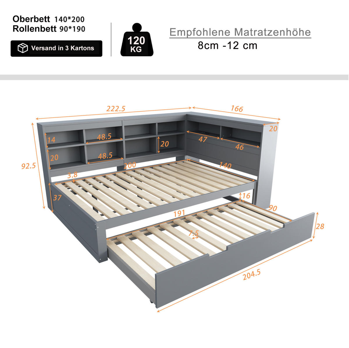 BETT 140/200 cm grau aus Holz mit Bett und USB-Steckdose - Grau, Holz (140/200cm) - OKMYHOME
