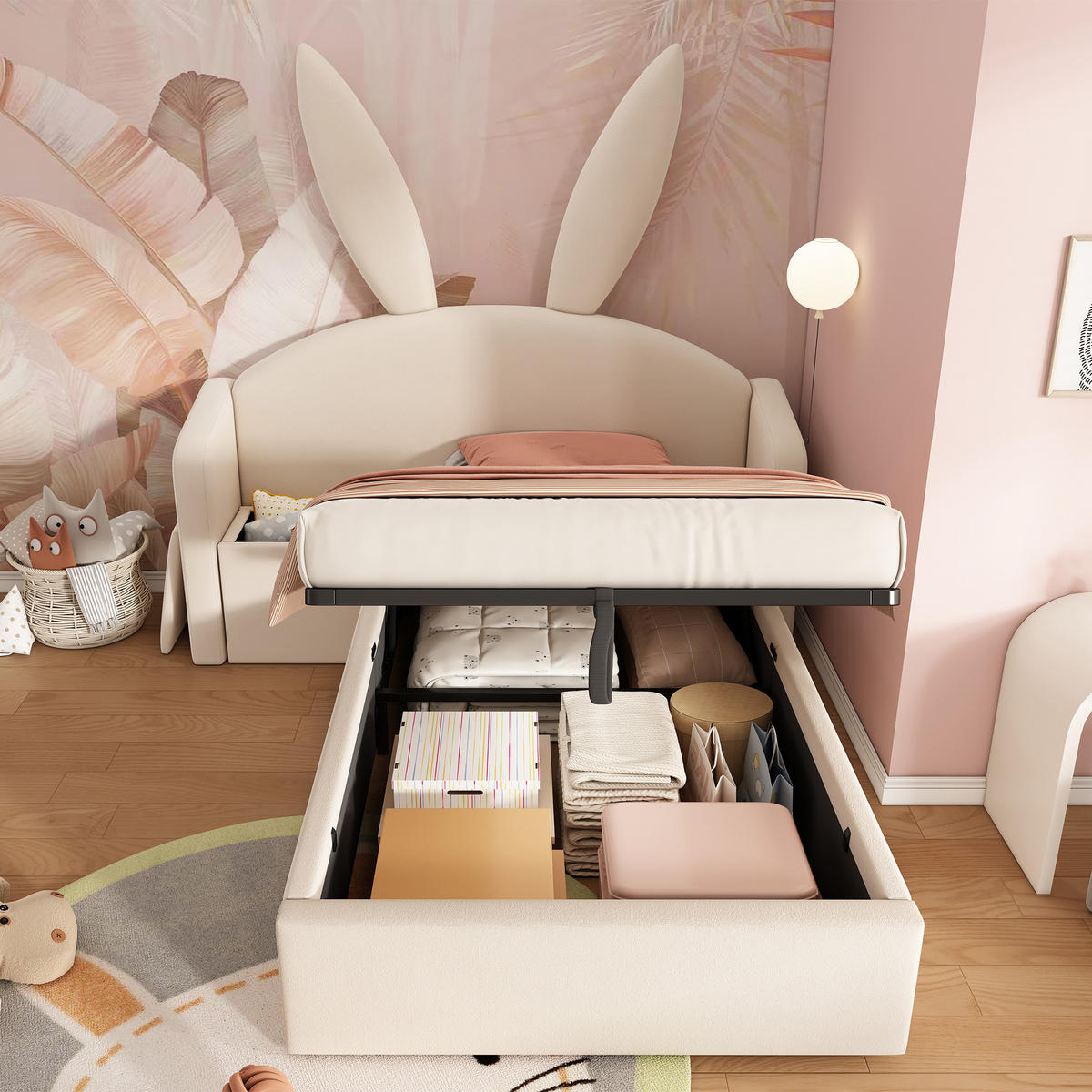 JUGENDBETT 90/200 cm in Beige Samt mit Bettkasten und Nachttisch - Beige, Holzwerkstoff/Textil (90/200cm) - WISHDOR