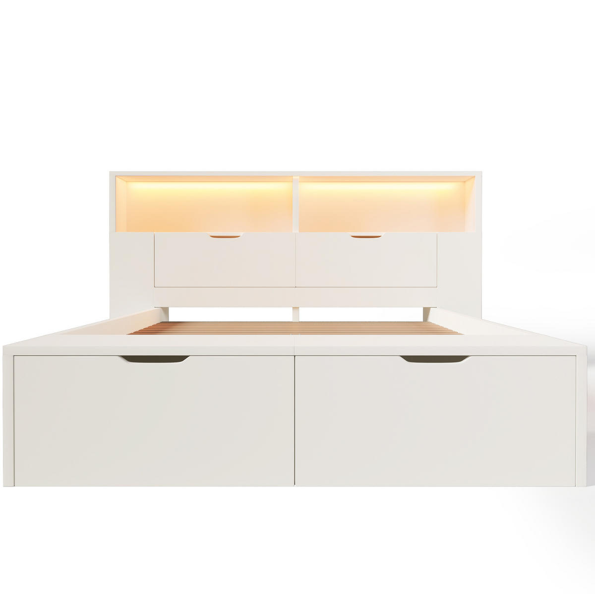 BETT 140/200 cm in Weiß – inkl. Lattenrost, Stauraum, LED und USB - Weiß, Holzwerkstoff (140/200cm) - BEAOK
