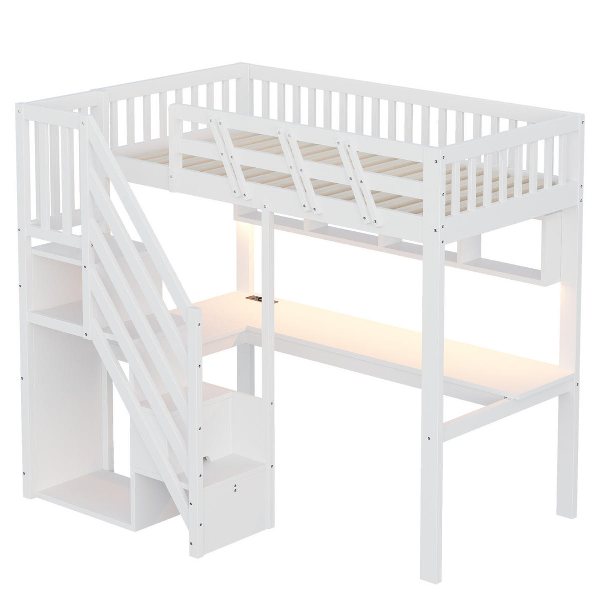HOCHBETT Holz 90x200 cm Weiß mit Schreibtisch, Stauraumtreppe, LED und Steckdosen - Weiß, Holz (90/200cm) - Modfu