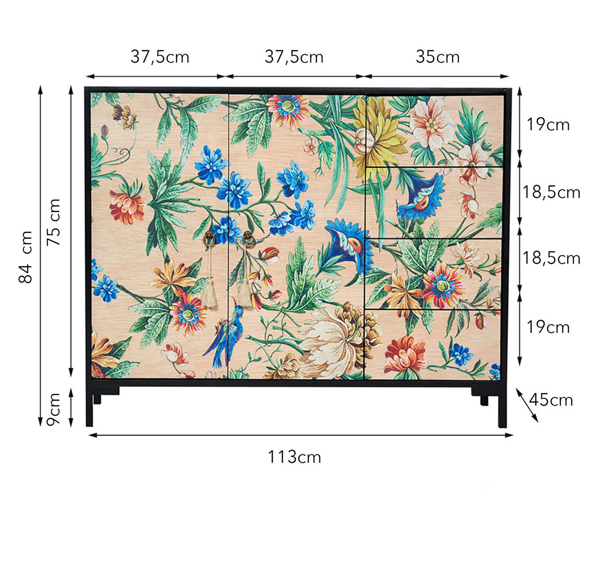 KOMMODE mit 2 Türen und 4 Schubladen aus MDF Blumendruck WILMA AMAZONIA - Blau/Multicolor, Holzwerkstoff (45/84/113cm) - RNT By Really Nice Things
