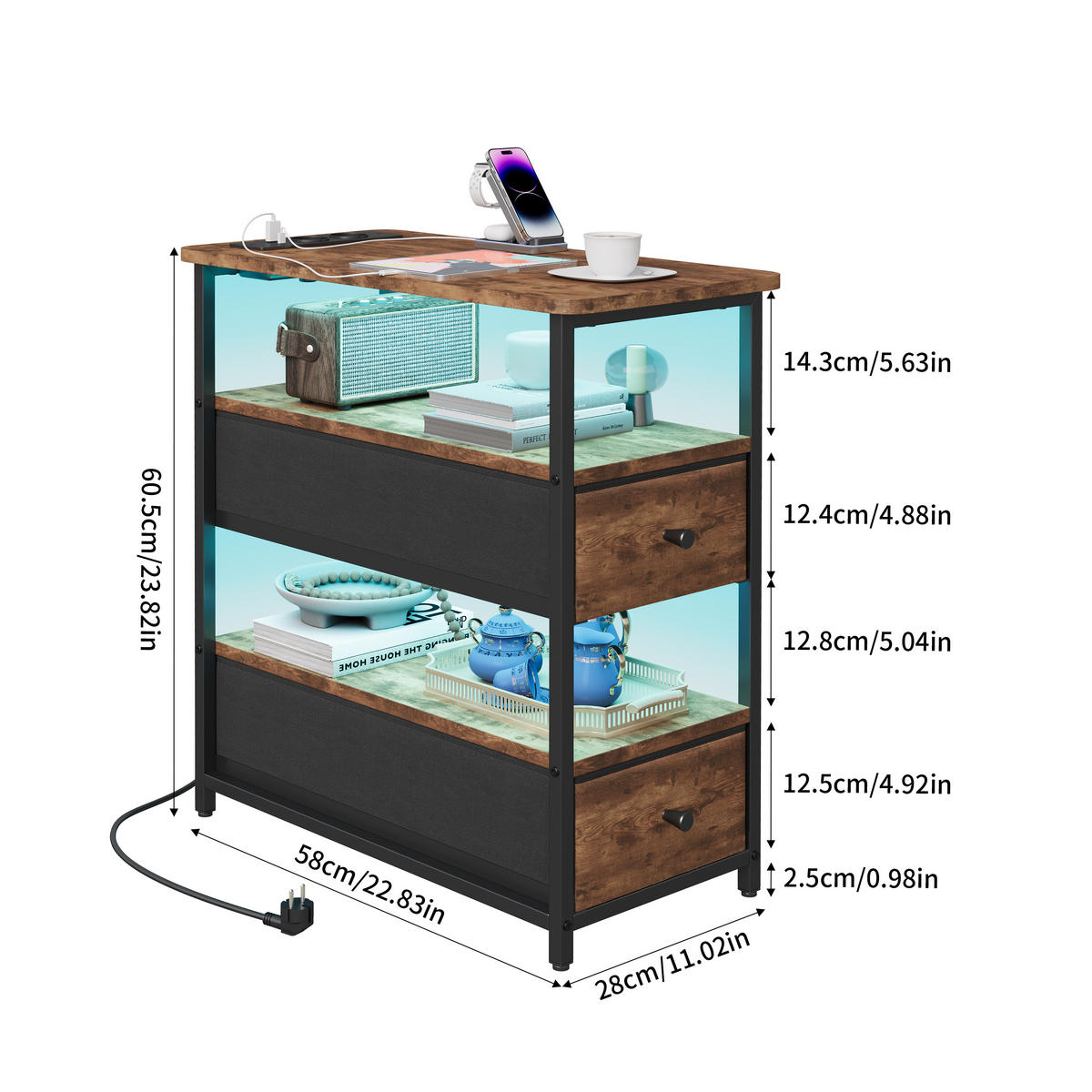 NACHTTISCH LED USB 2 Schubladen 2 Fächer Vintage braun - Braun, Holz (58/28/60.5cm) - LEBENLANG