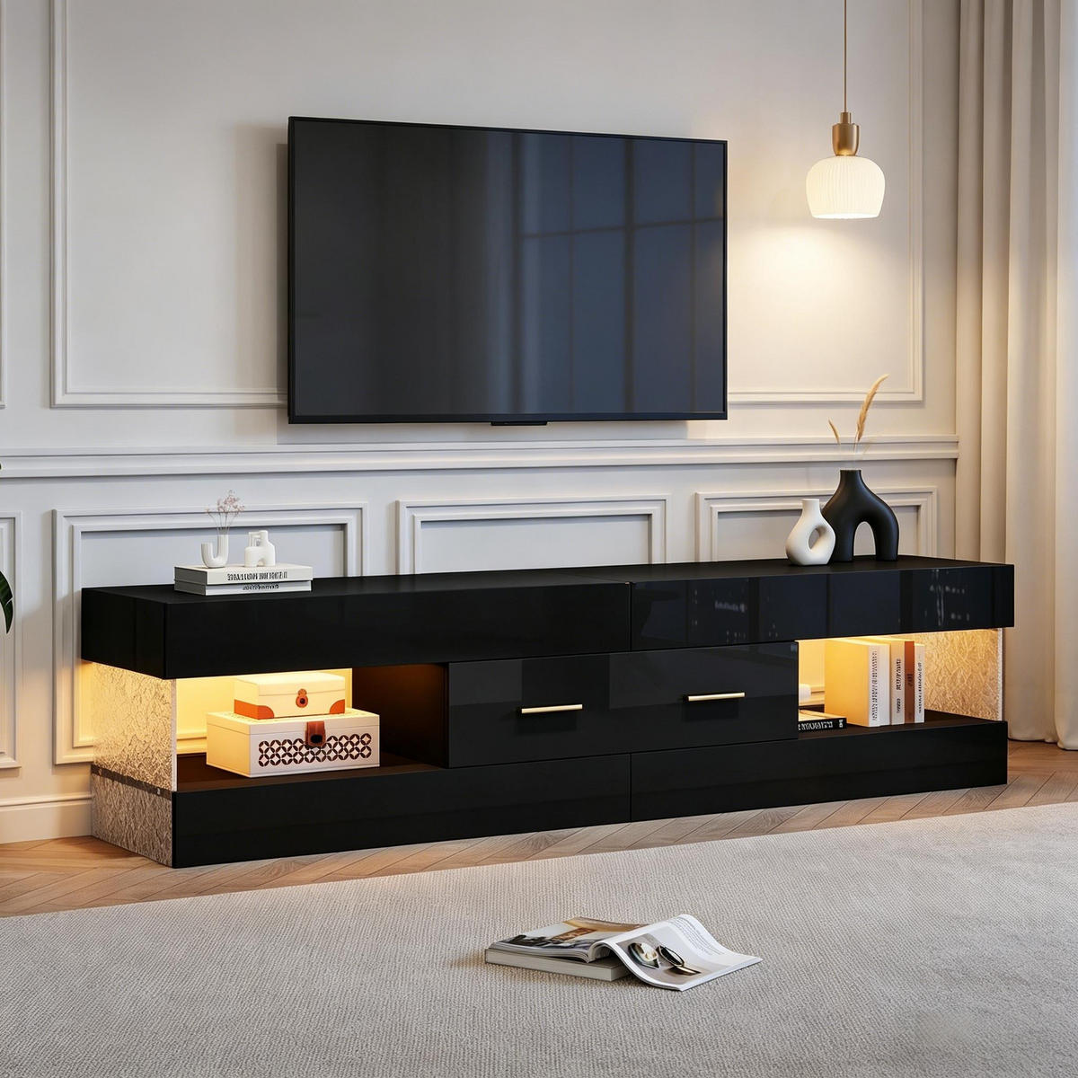 TV-ELEMENT152X35X40CM Schwarz-Hochglanz mit LED-Beleuchtung und Schubladen - Schwarz, Holz (46.71/18.21/89cm) - Raelunyi