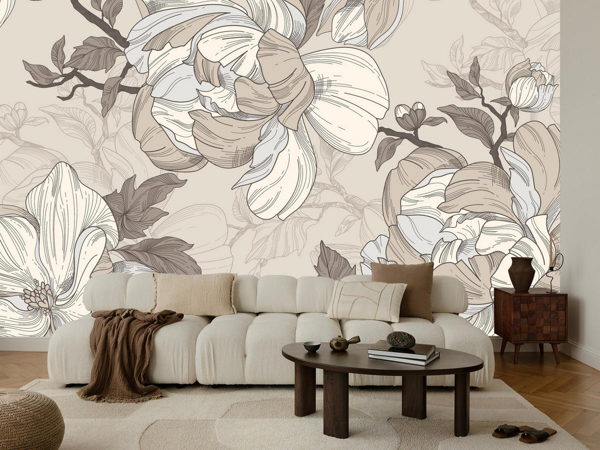 FOTOTAPETE für Wohnzimmer Natur Große Blüten Blätter Pflanzen 150x105 - Beige/Creme, Papier (150/105cm) - Muralo