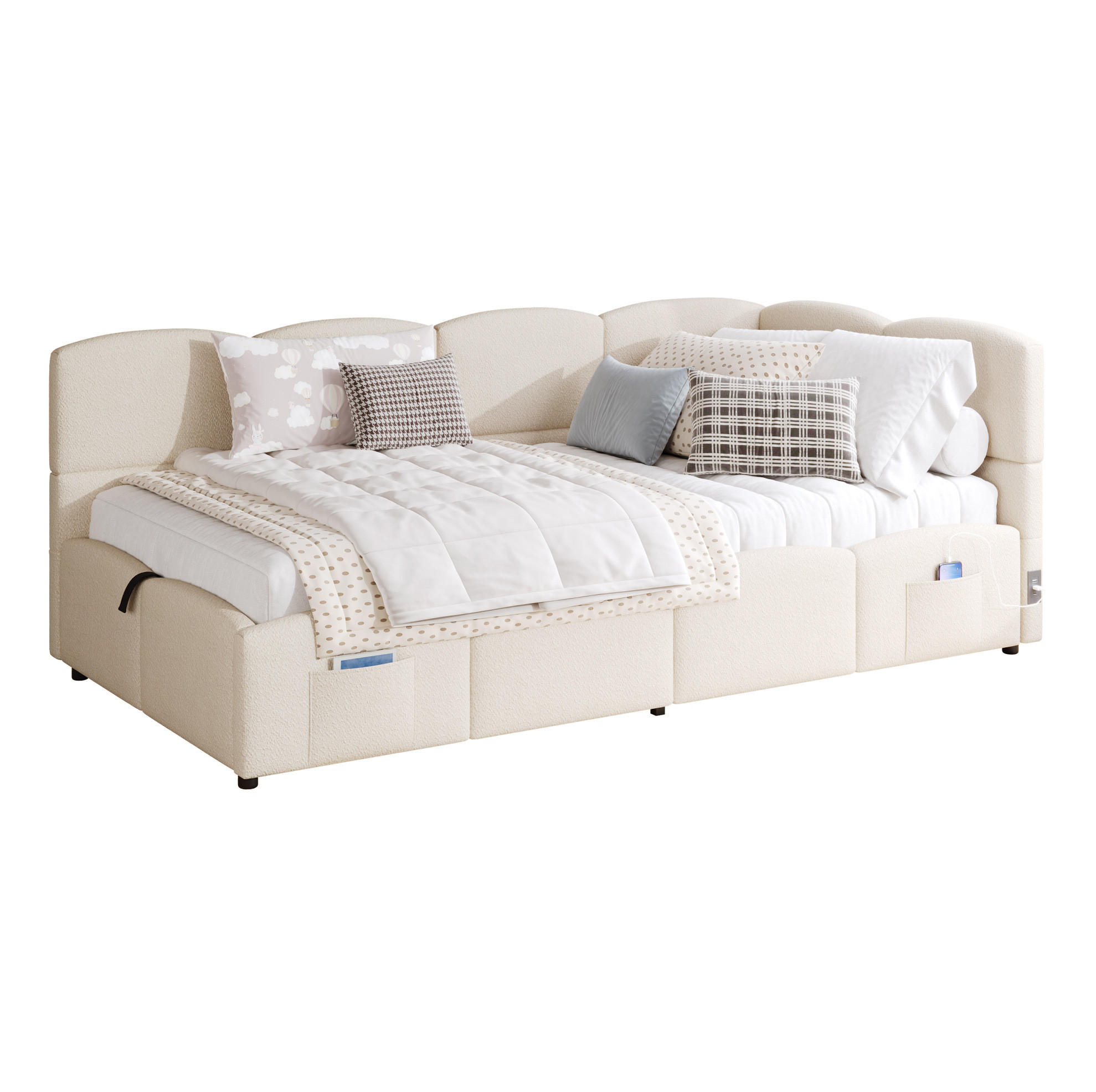 POLSTERBETT Stauraumbett 90/200 cm aus Bouclé mit USB-Anschlüssen Beige - Beige, Textil (90/200cm) - Modenvie