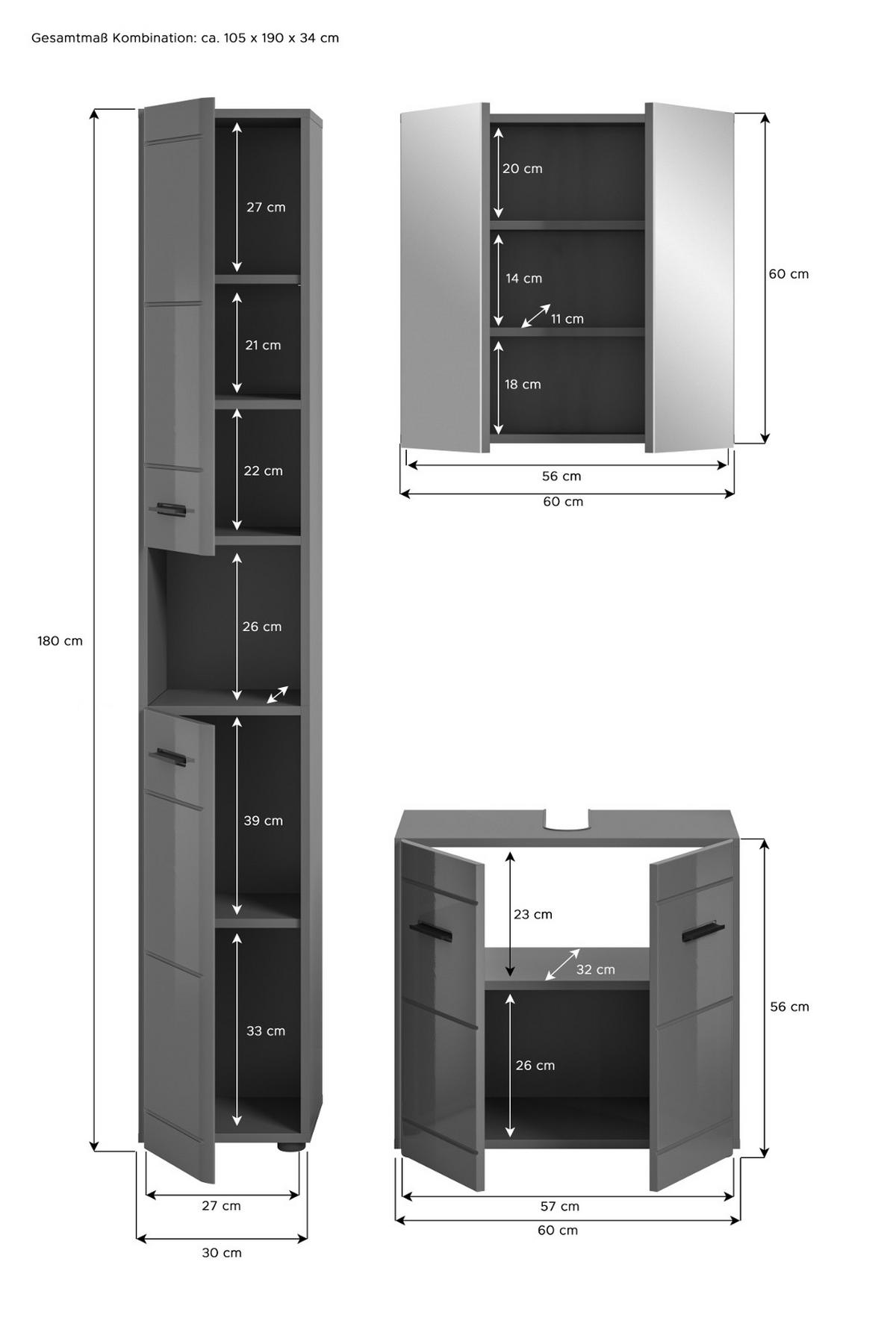 BADMÖBEL-SET grau Hochglanz 3-teilig, Komplettset mit Soft-Close - Grau, Glas/Holzwerkstoff (105/190/34cm) - Inn.Furn