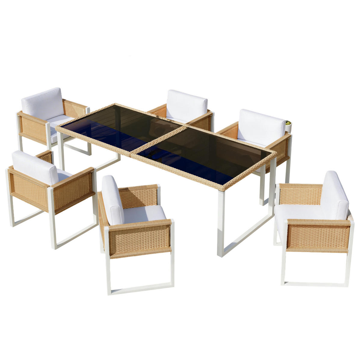 ZAHRADNÍ jídelní set z PE ratanu 170x80x75 cm hnědá/bílá se 6 židlemi, odnímatelnými potahy a nastavitelnými nožkami - hnědá, přírodní materiály - Modfu