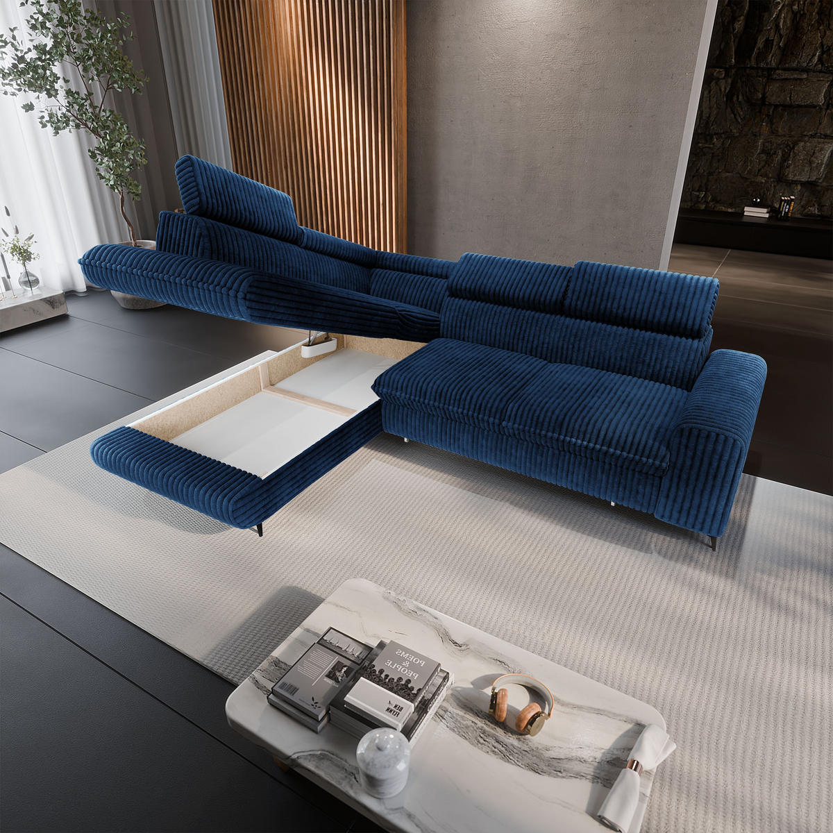 ECKSOFA VELISS Blau Kordstoff mit Schlaffunktion - Blau, Holz (255/193cm) - MASSENO