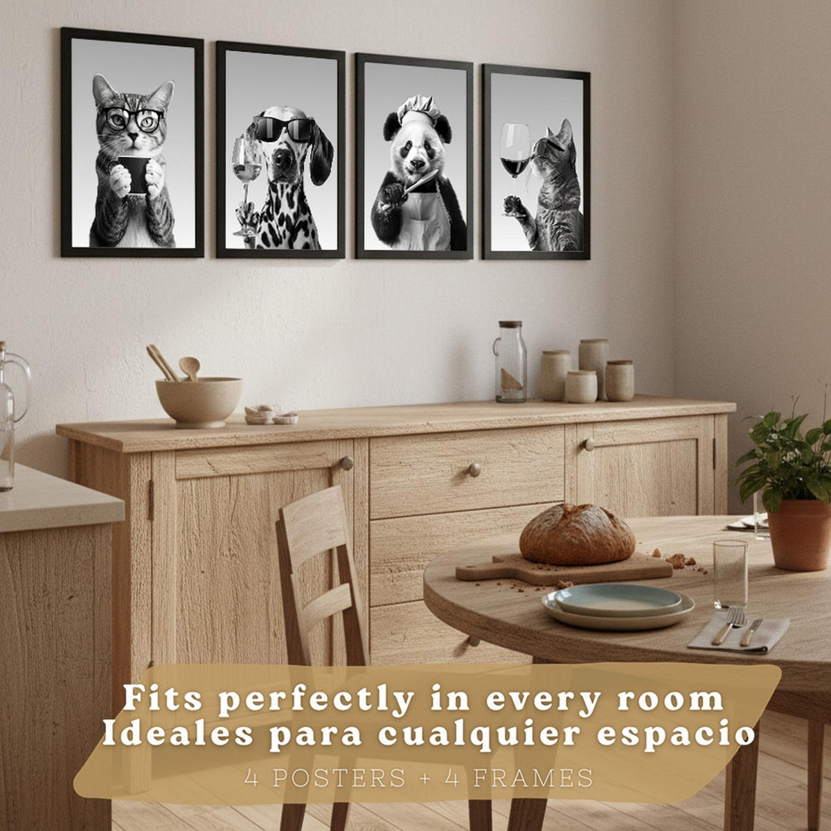 PLAKAT Sada 4 Byn Animals A4 Černý rám - černá, papír (29.7/1/21cm) - Nacnic
