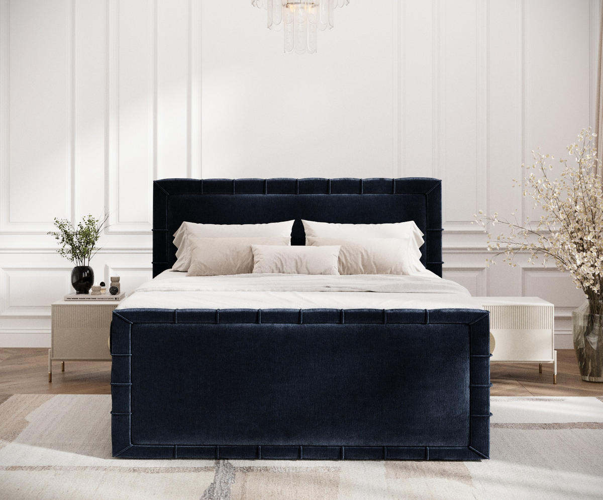 BOXBETT Estelle Marineblau 180/200 cm im Chenille-Stoff - Schwarz/Dunkelblau, Holz/Holzwerkstoff (180/200cm) - Maison de Reve