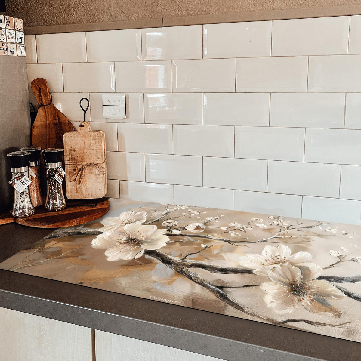 HERDABDECKPLATTE Blumen - Abstrakt - Gemalt - Beige 91x52 cm - Beige, Kunststoff (91.2/52/0.2cm) - MuchoWow