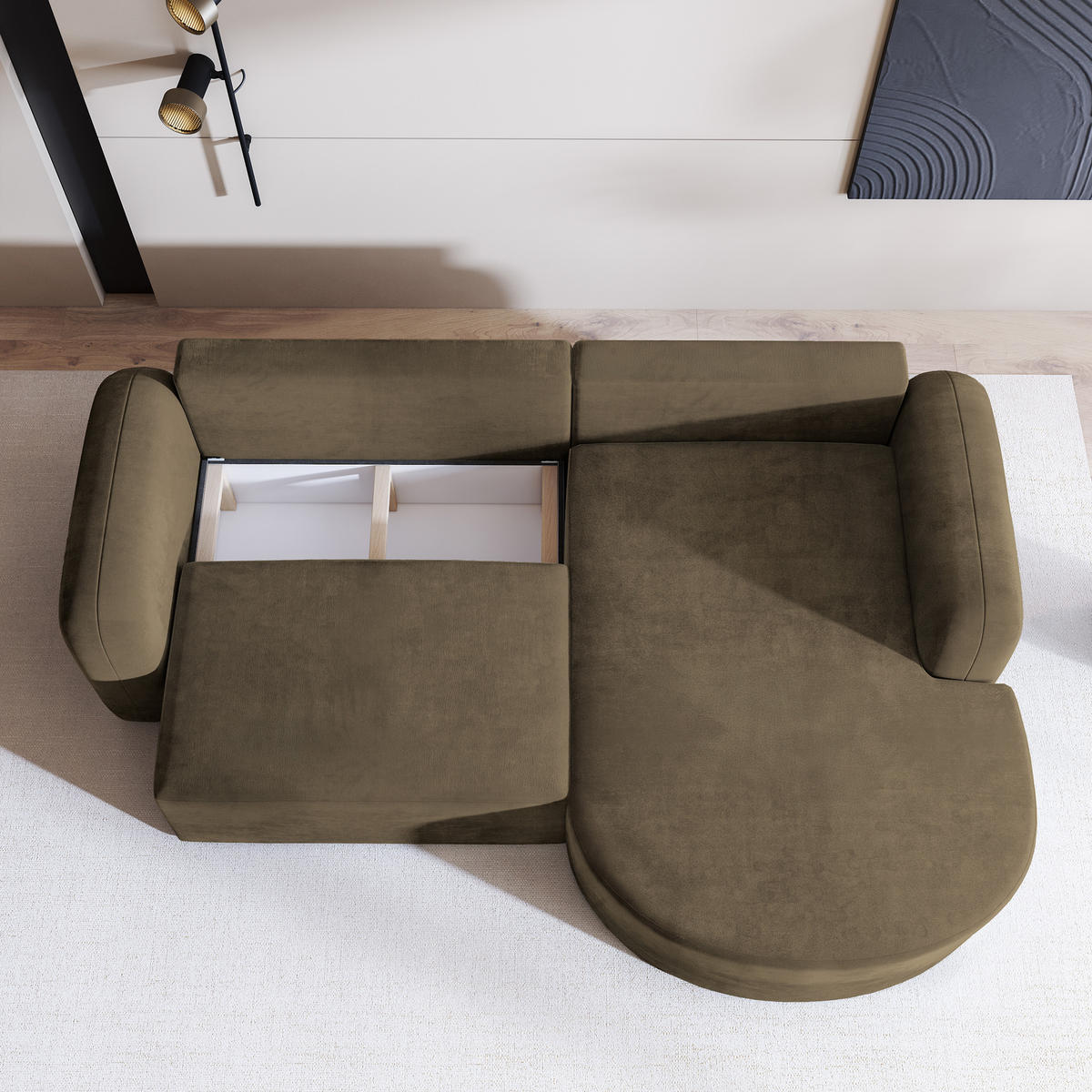 ECKSOFA AMILIA M R-S Beige Velours-Stoff mit Schlaffunktion - Beige, Holz (263/174cm) - MASSENO