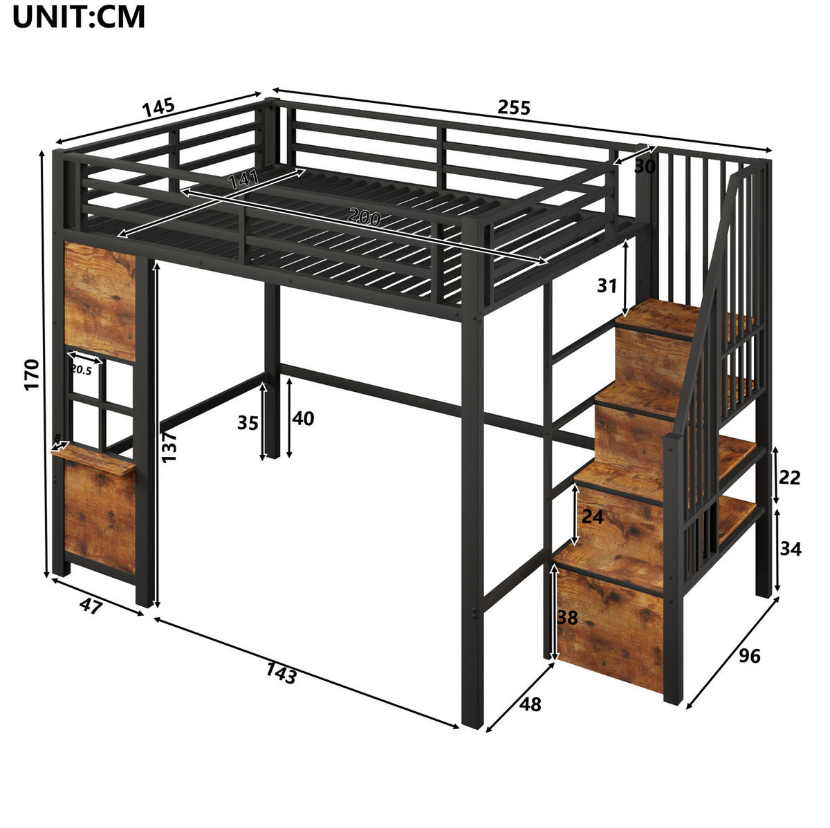 HOCHBETT 140x200 cm in Schwarz mit Stauraumtreppe und offenem Spielbereich - Schwarz, Holzwerkstoff (140/200cm) - IVMEU