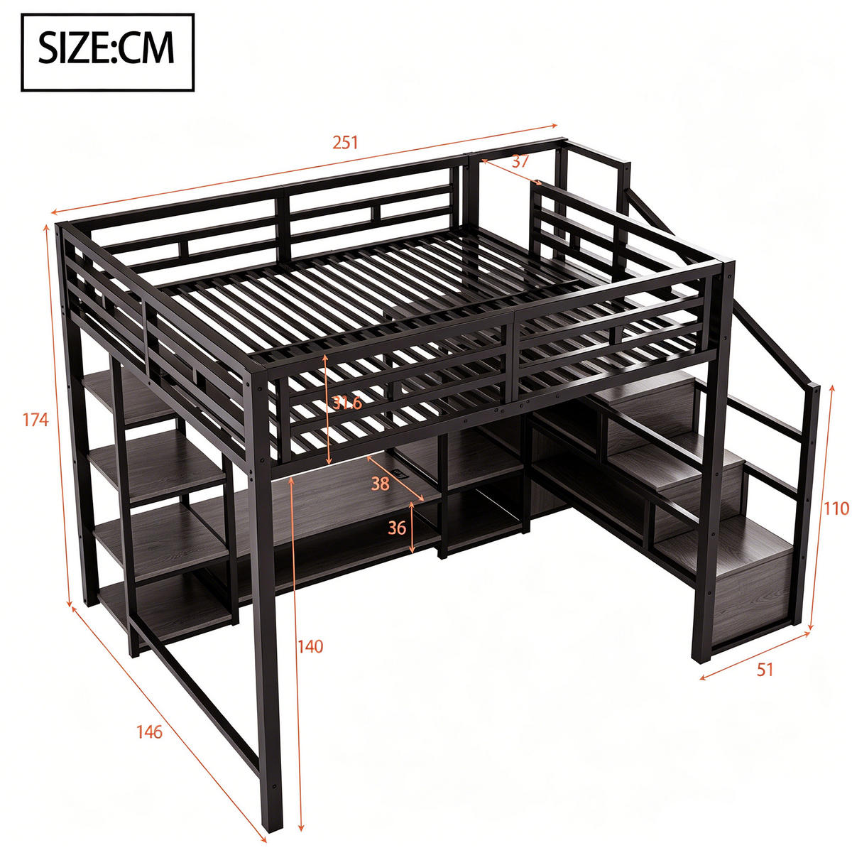 HOCHBETT 140/200 cm aus Metall/MDF mit TV-Ständer, Steckdose und Aufbewahrungsleiter Schwarz - Schwarz, Metall (140/200cm) - Modenvie