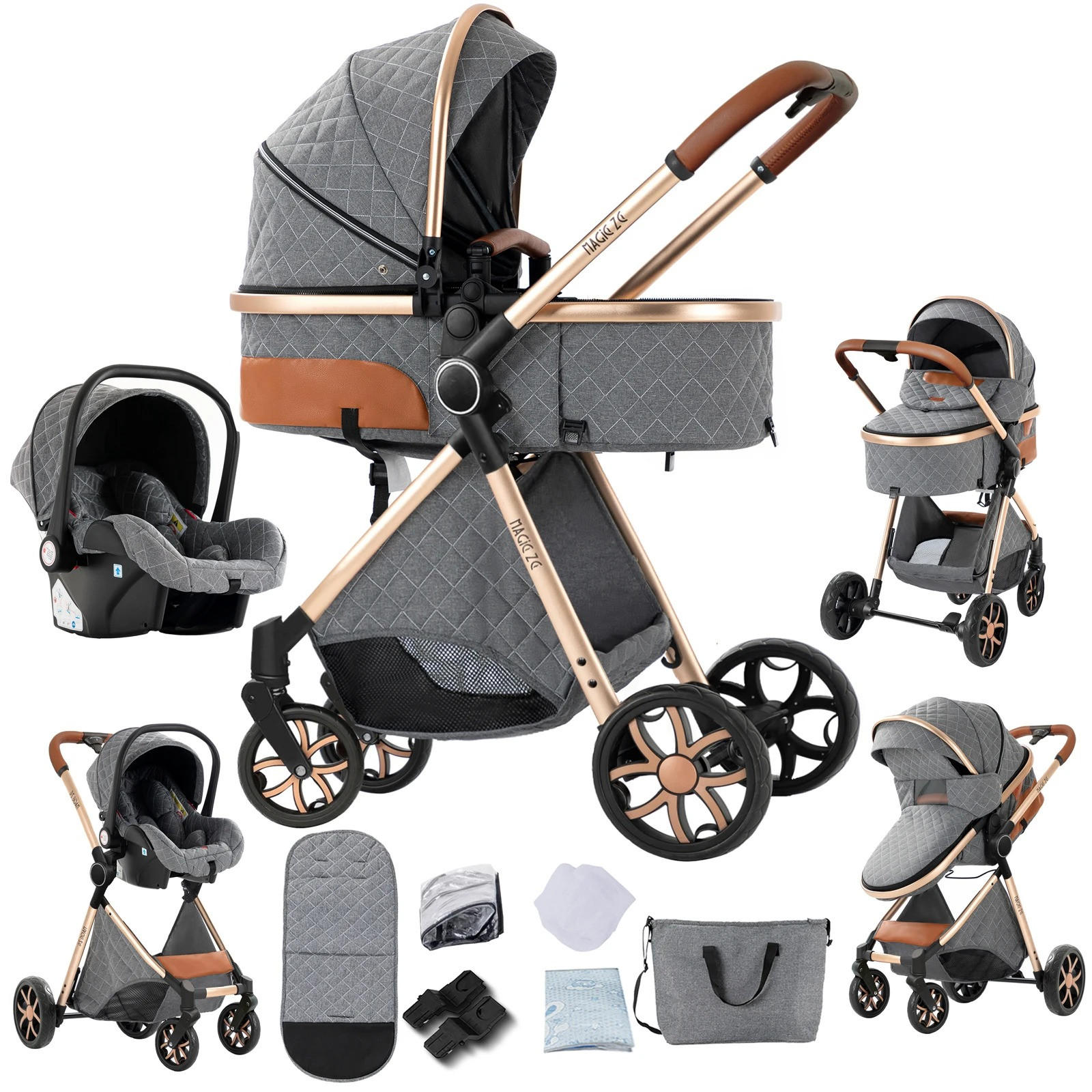 KINDERWAGENSET 3-in-1 mit Autositz, höhenverstellbarer Rückenlehne, wendbarem Sitz, Federung, Verdeck mit UV-Schutz für Babys, grau - Grau, Metall (80/60cm) - Kaket